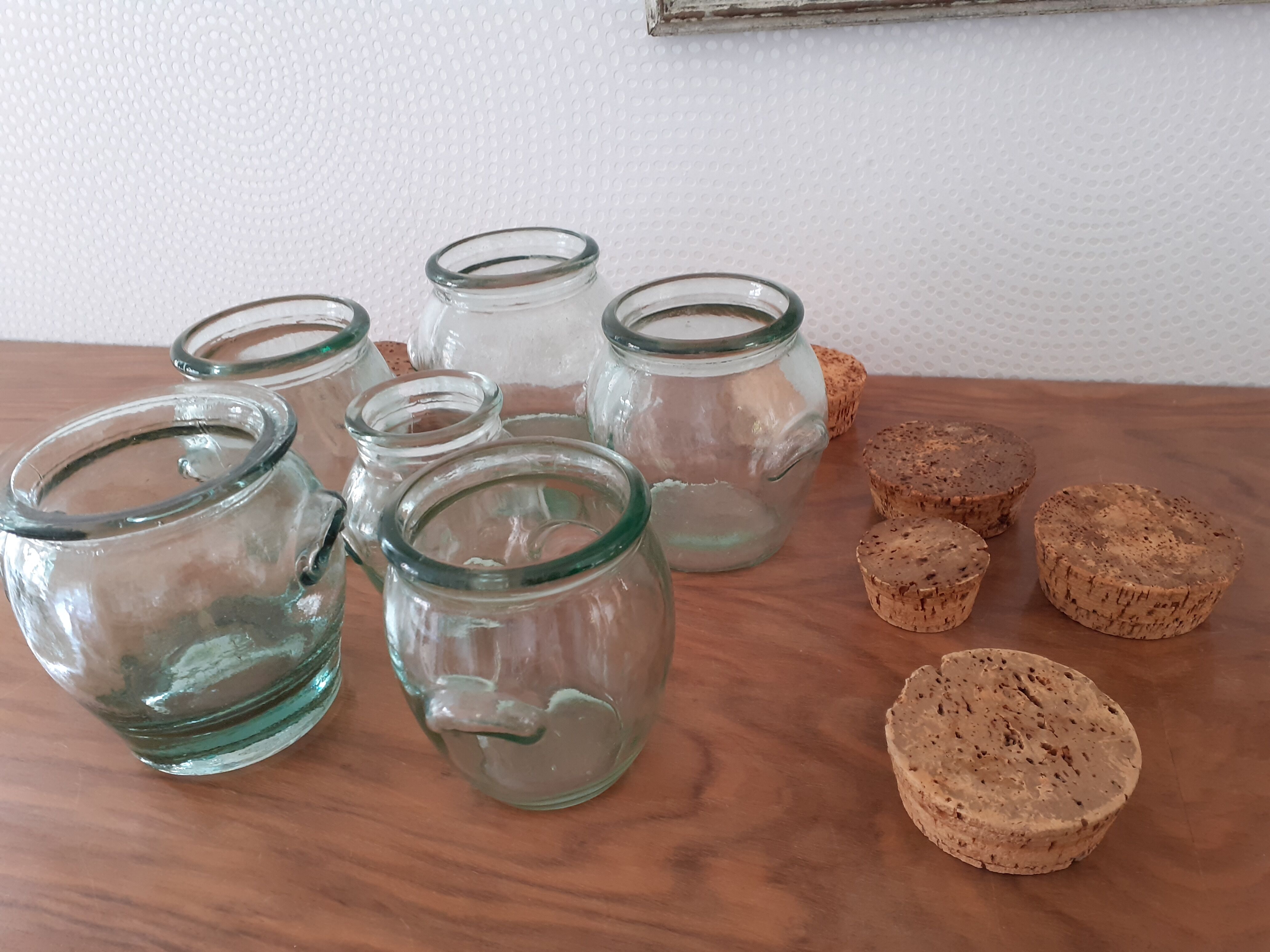 6 glass jars with vintage cork caps