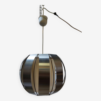 Ball pendant light in brushed aluminum slats, 70s style