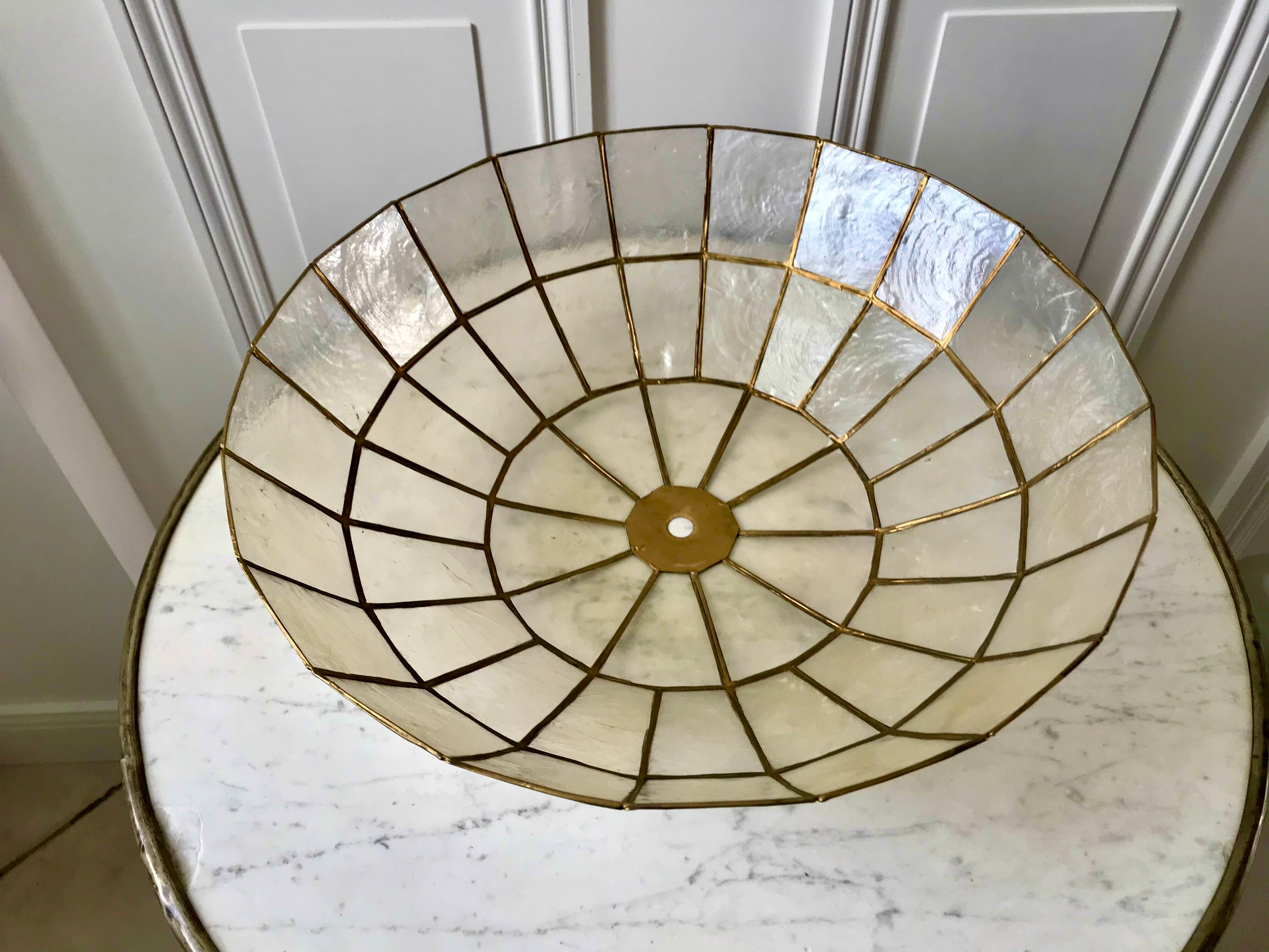 Ceiling lamp in mother-of-pearl and brass two fires 50s