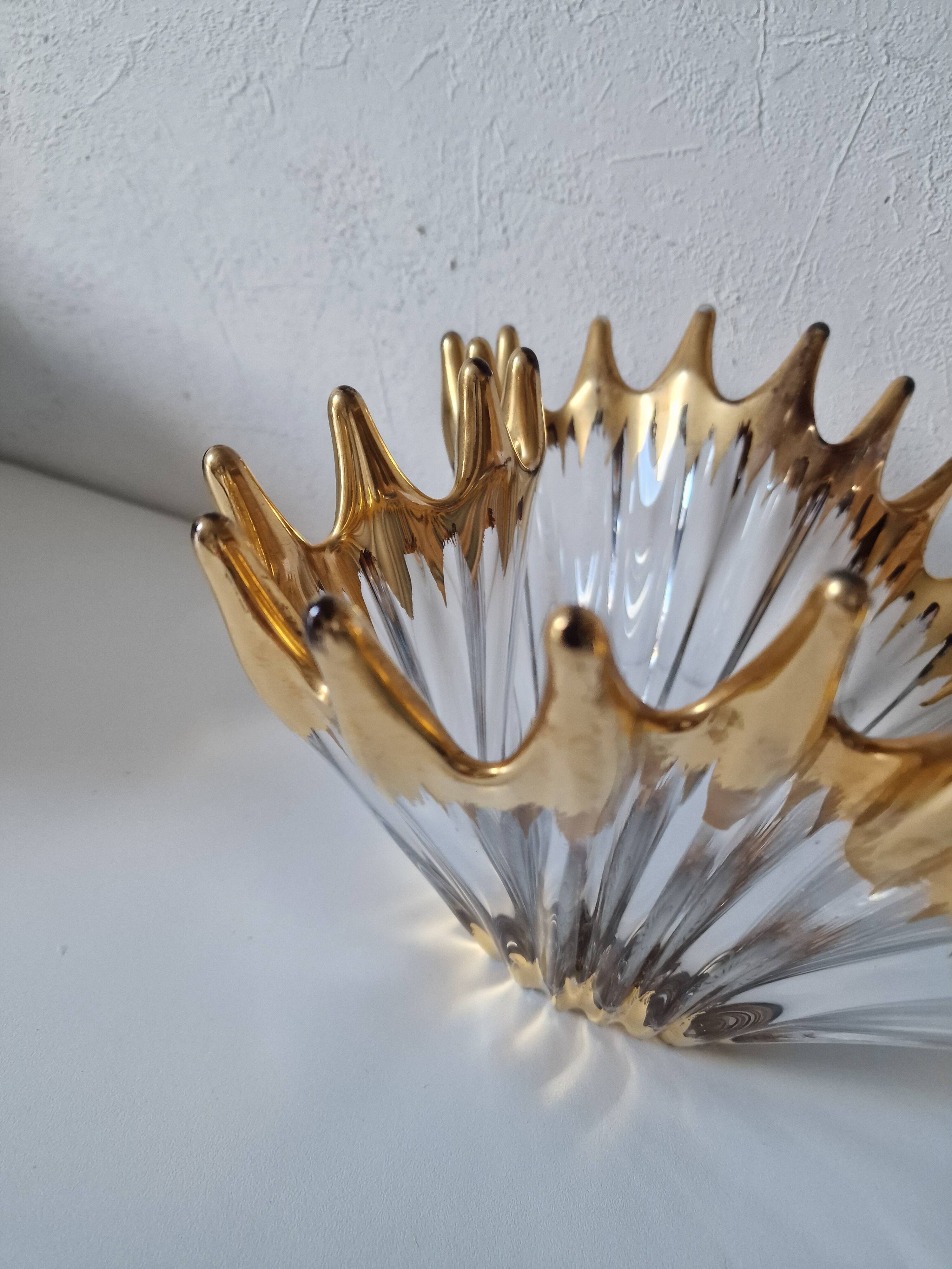 Large vintage crystal bowl from BAYEL with golden tips.