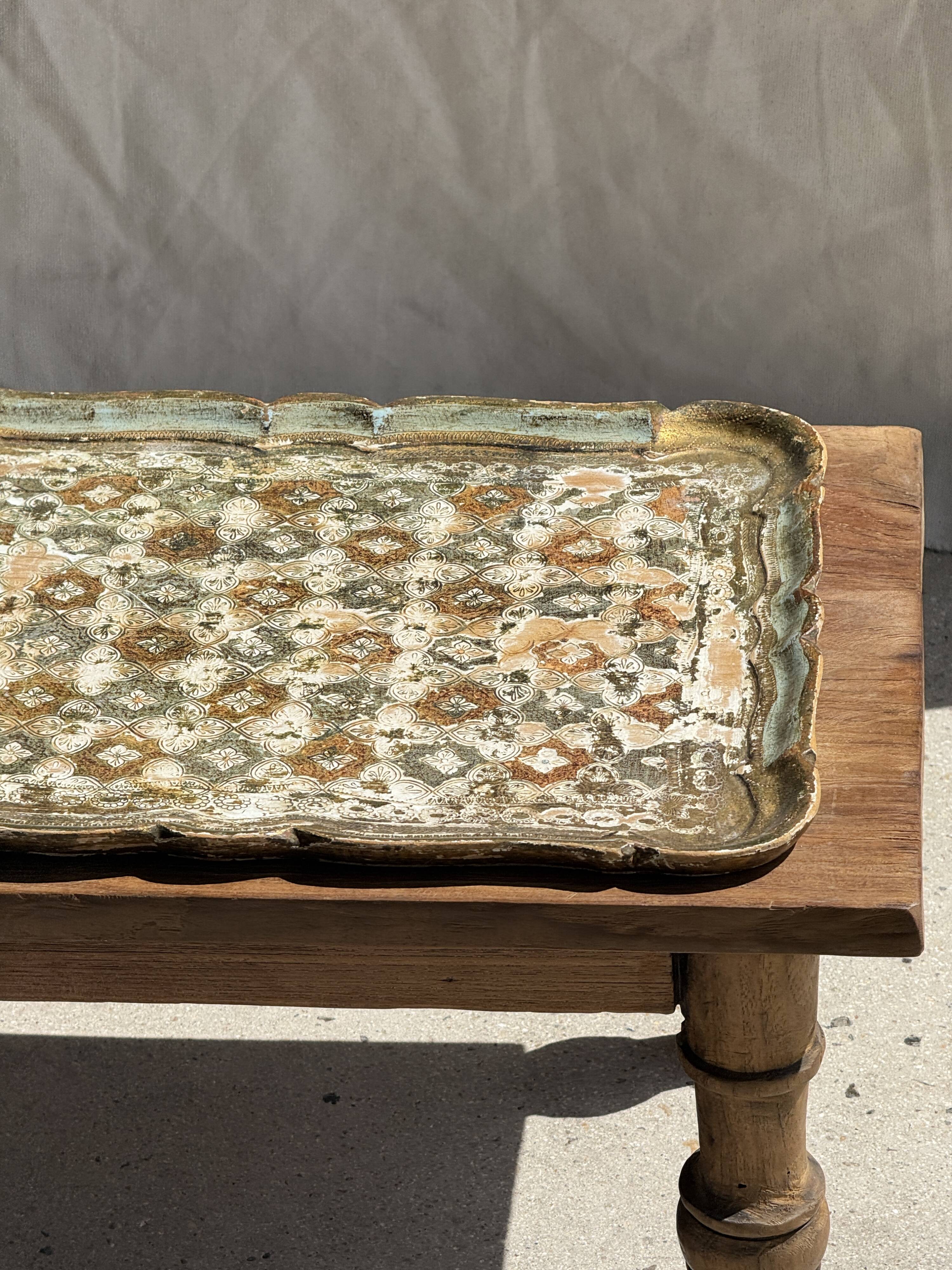 Large wooden tray hand-painted with blue and gold floral ornaments L48x38
