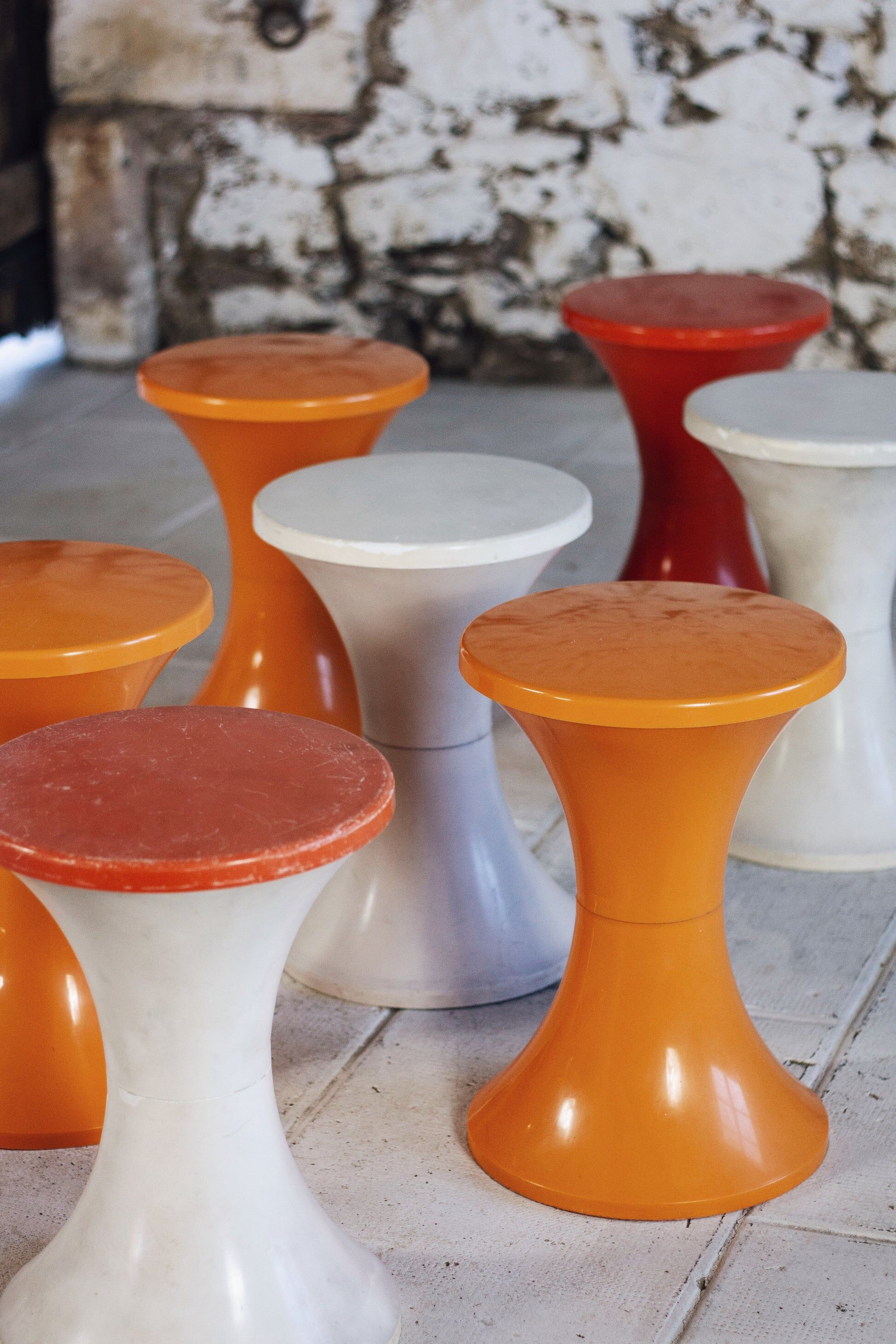 White and dark orange Tam Tam stool by Henry Massonnet for Stamp, 1970.