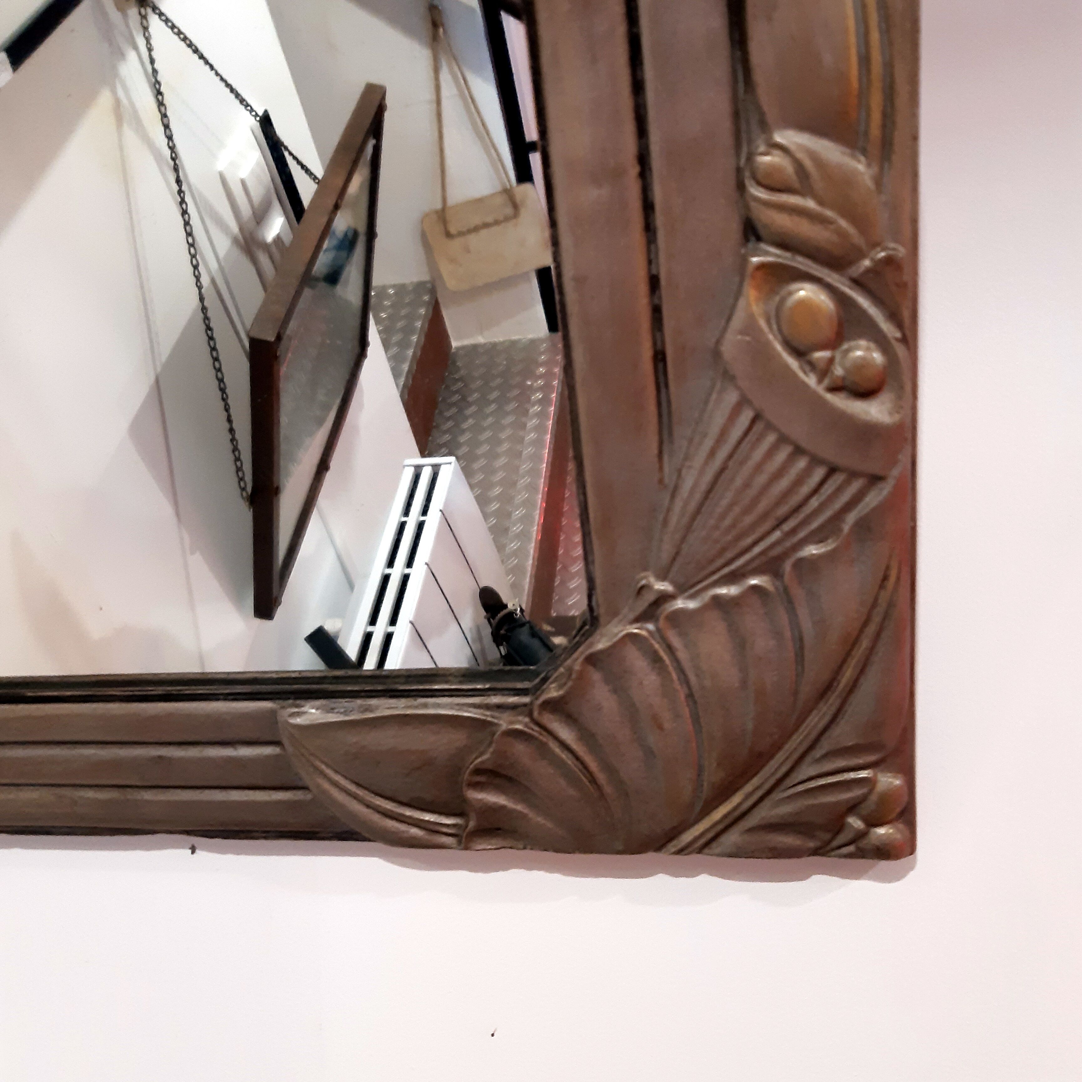 Mirror, wood and plaster, art nouveau, gold and silver patina - 54x35cm