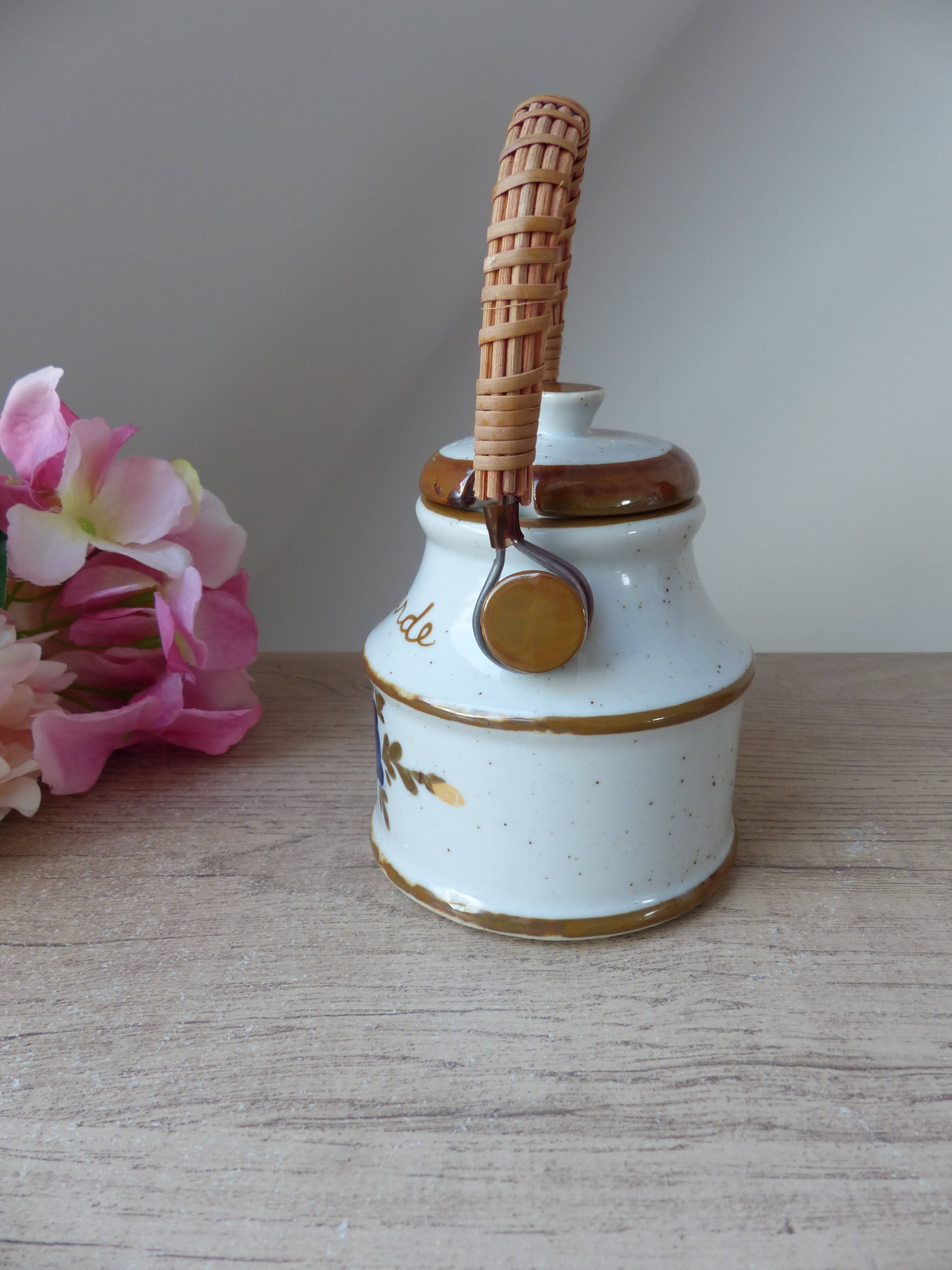 Old Great Mustard Pot with Ceramic Wicker Handle France