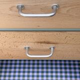 Vintage tall chest of drawers in raw wood and grey-blue from the 1950s.