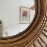 Miroir vintage 1960 soleil étoile asymétrique rotin osier - 52 cm