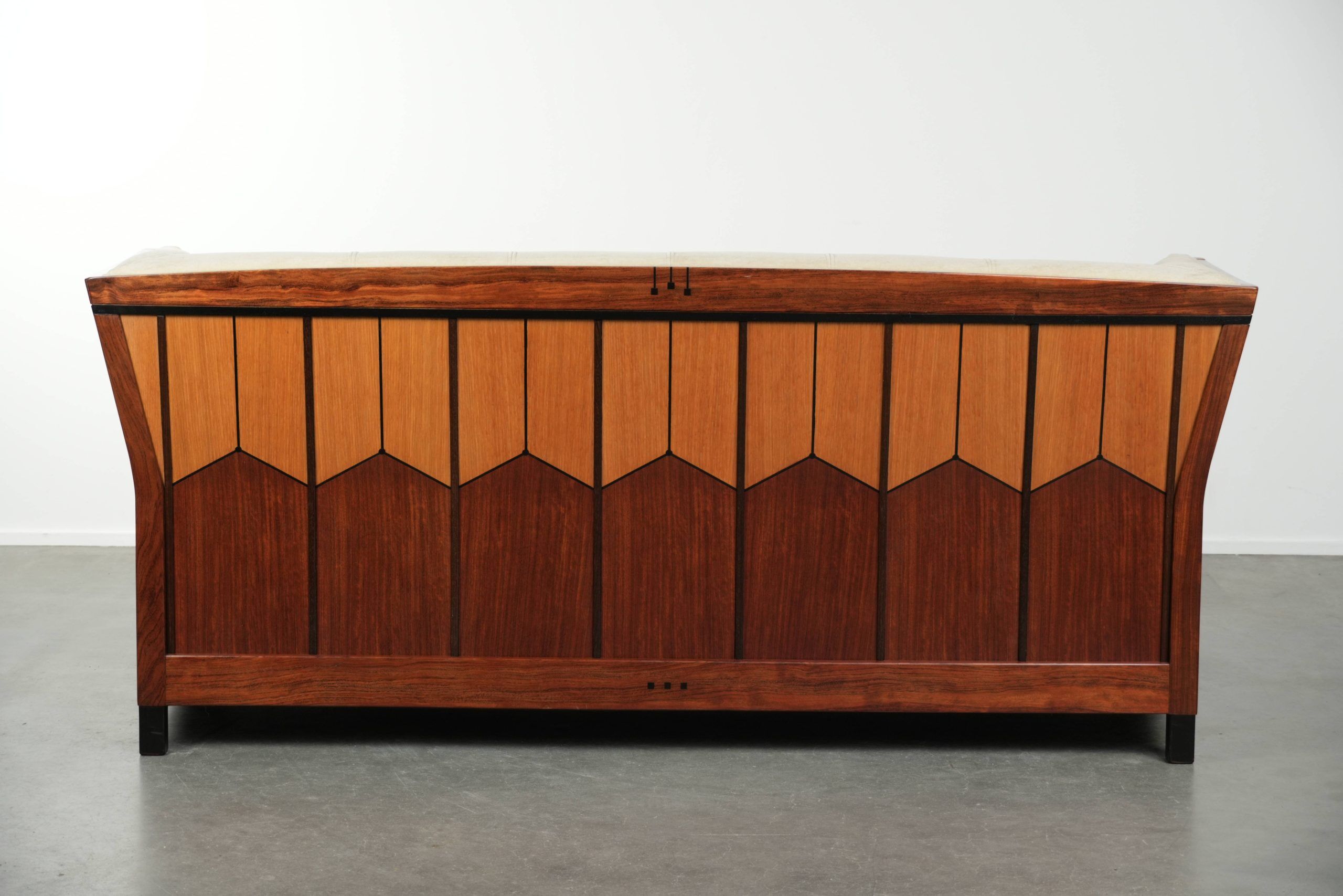 Art Deco design sofa with beautiful woodwork and cream fabric upholstery