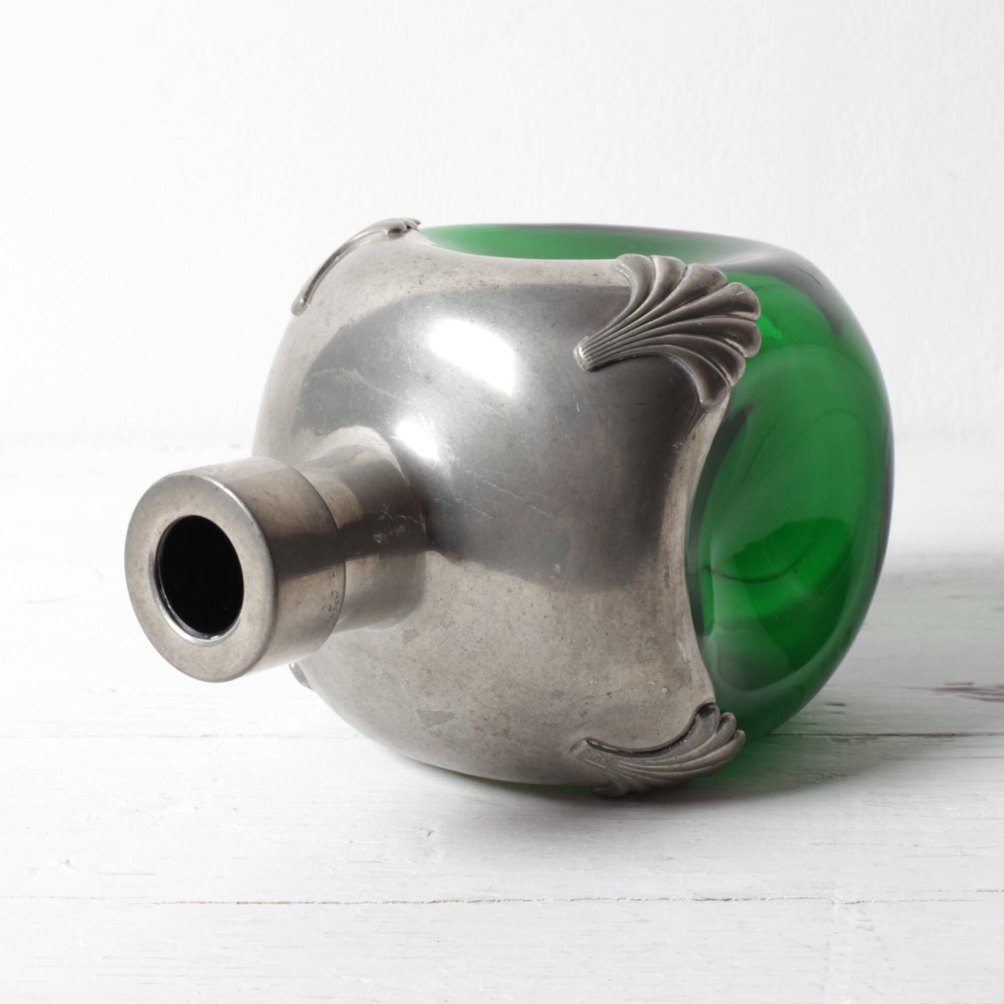 Art Nouveau Green Glass Decanter with Pewter Elements / France / 1960s