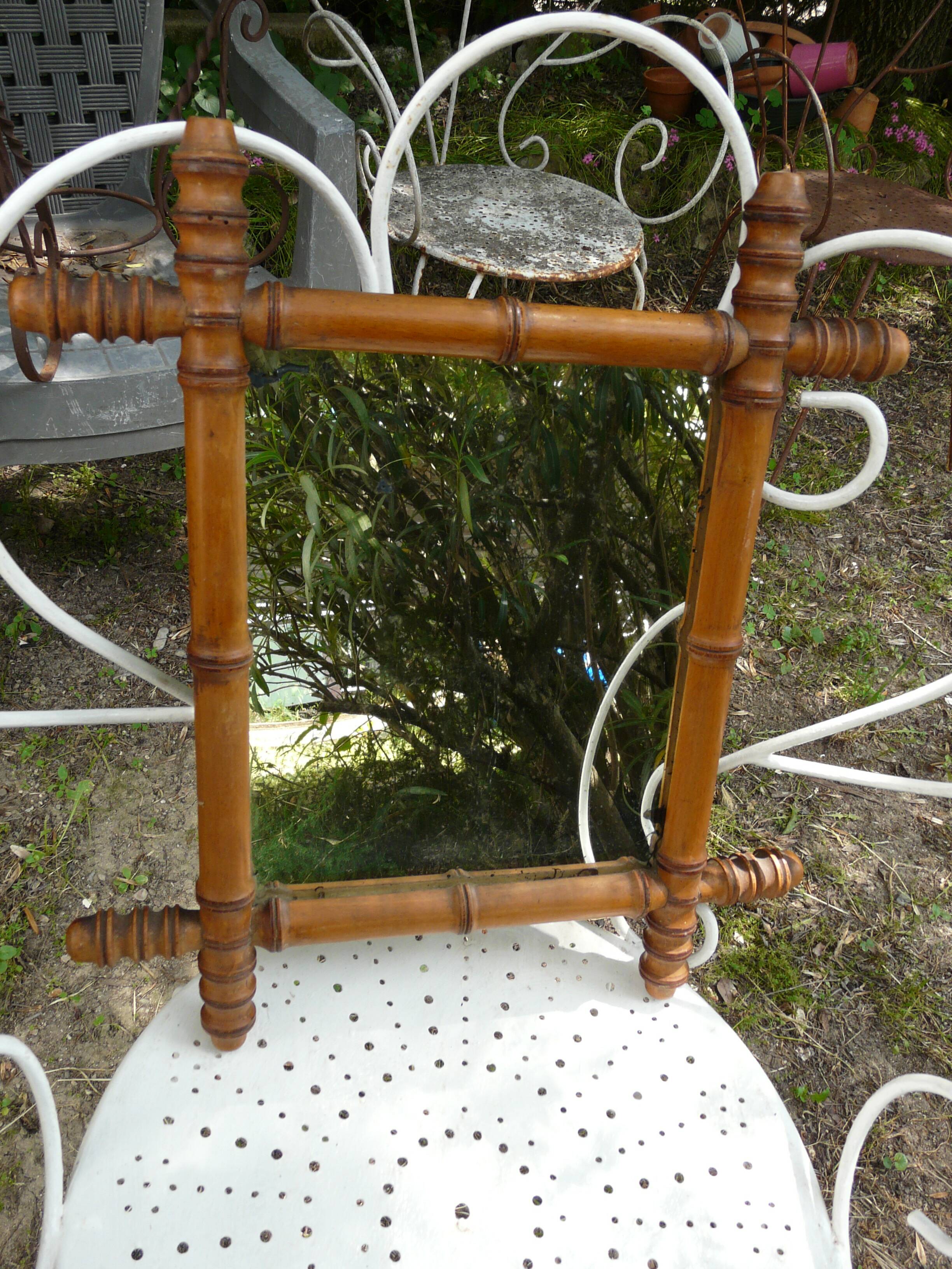 Antique turned wooden mirror in bamboo style H.47cm.