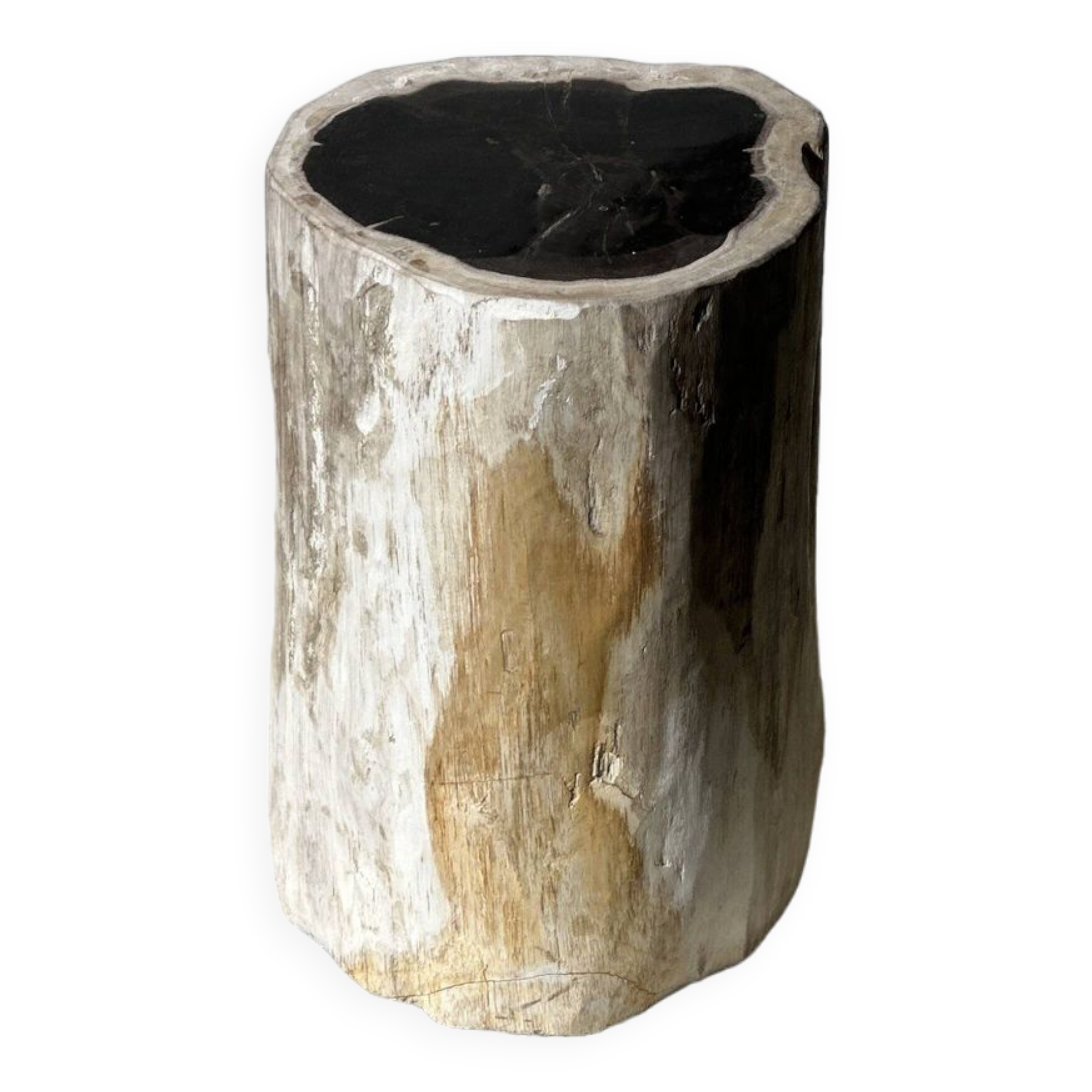 Petrified wood side table white tower black heart H:36cm D:17cm