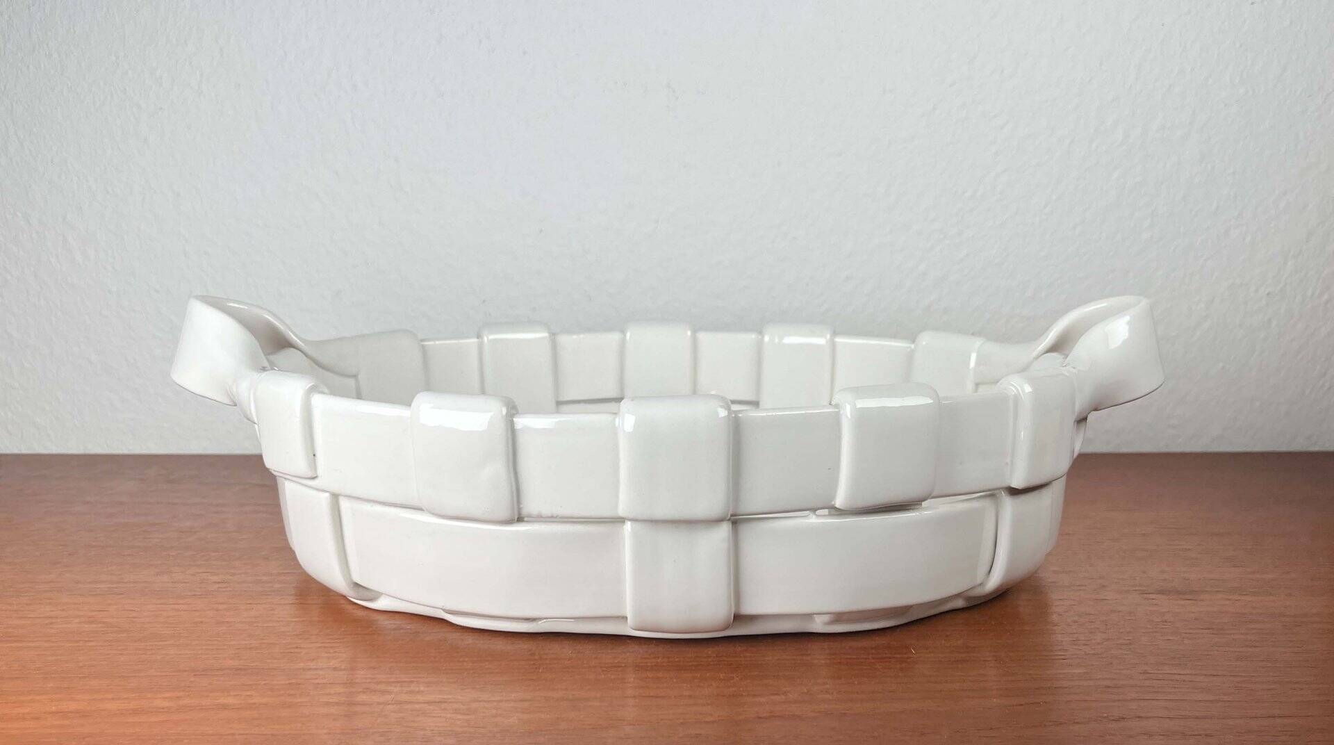 Vintage Italian woven basket in white ceramic