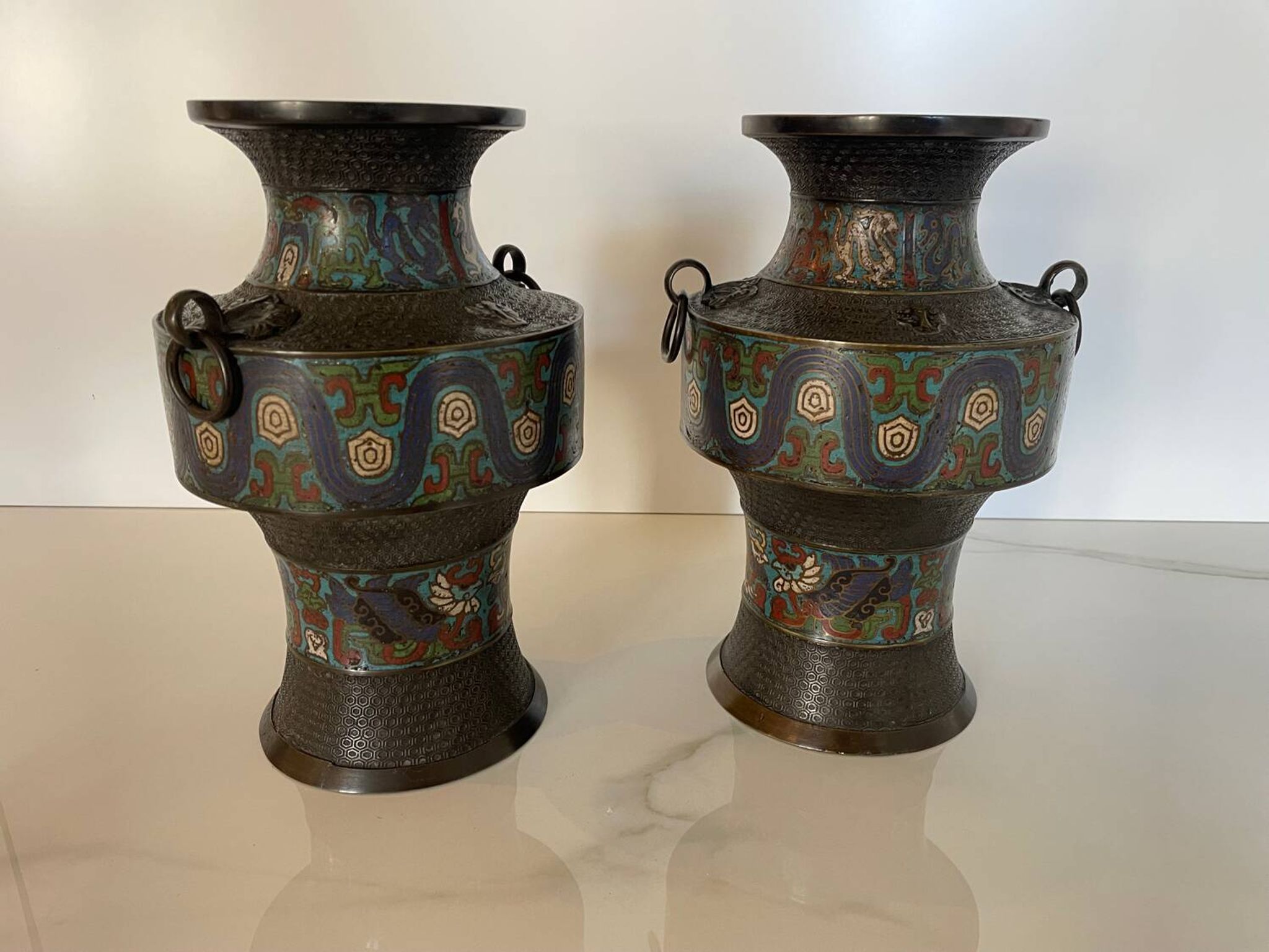 Pair of antique cloisonné bronze vases, China or Japan circa 1900-1930.