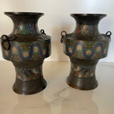 Pair of antique cloisonné bronze vases, China or Japan circa 1900-1930.