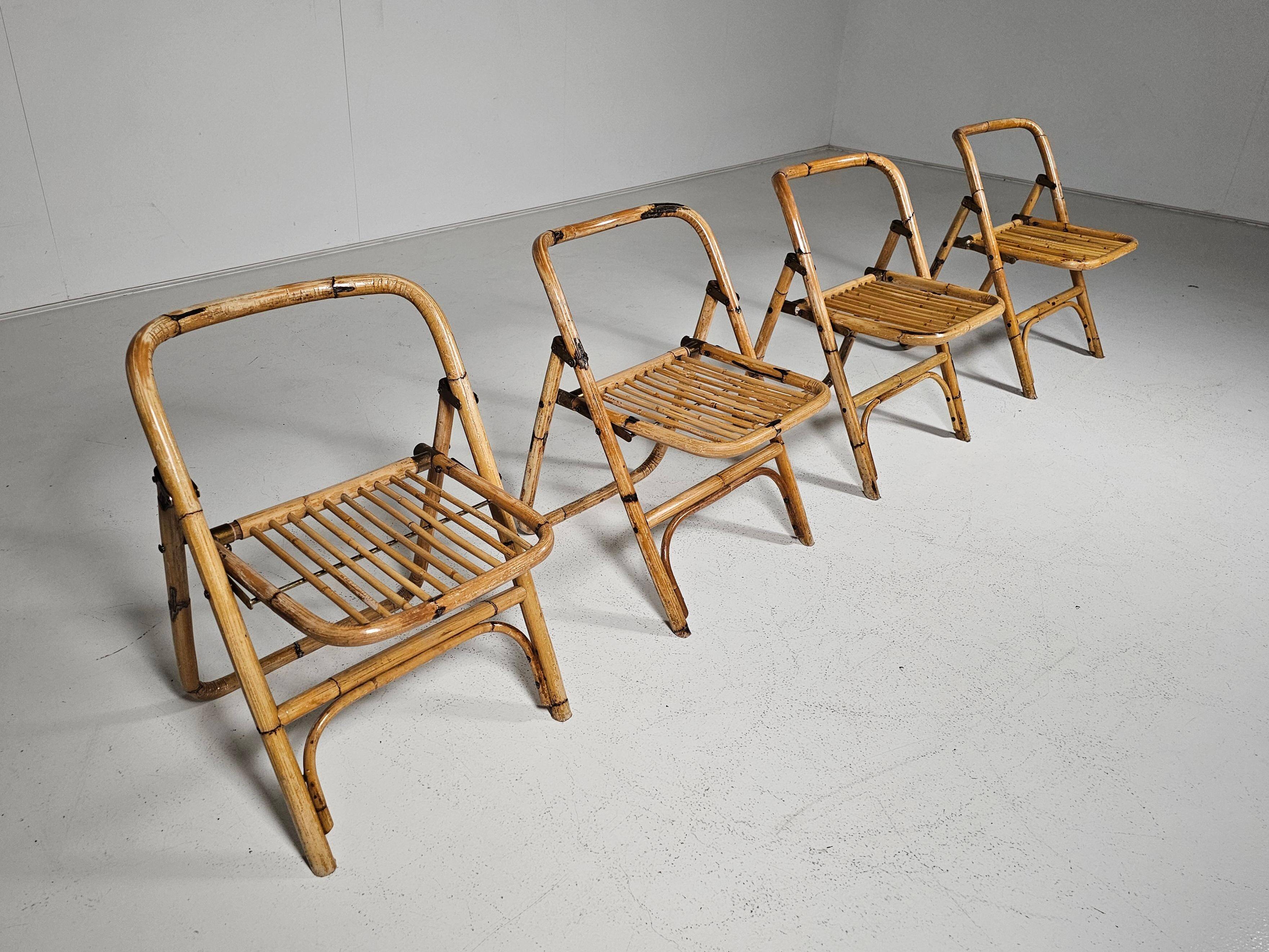 Set of 4 Dal Vera bamboo folding chairs, brass details, Italy, 1960s.