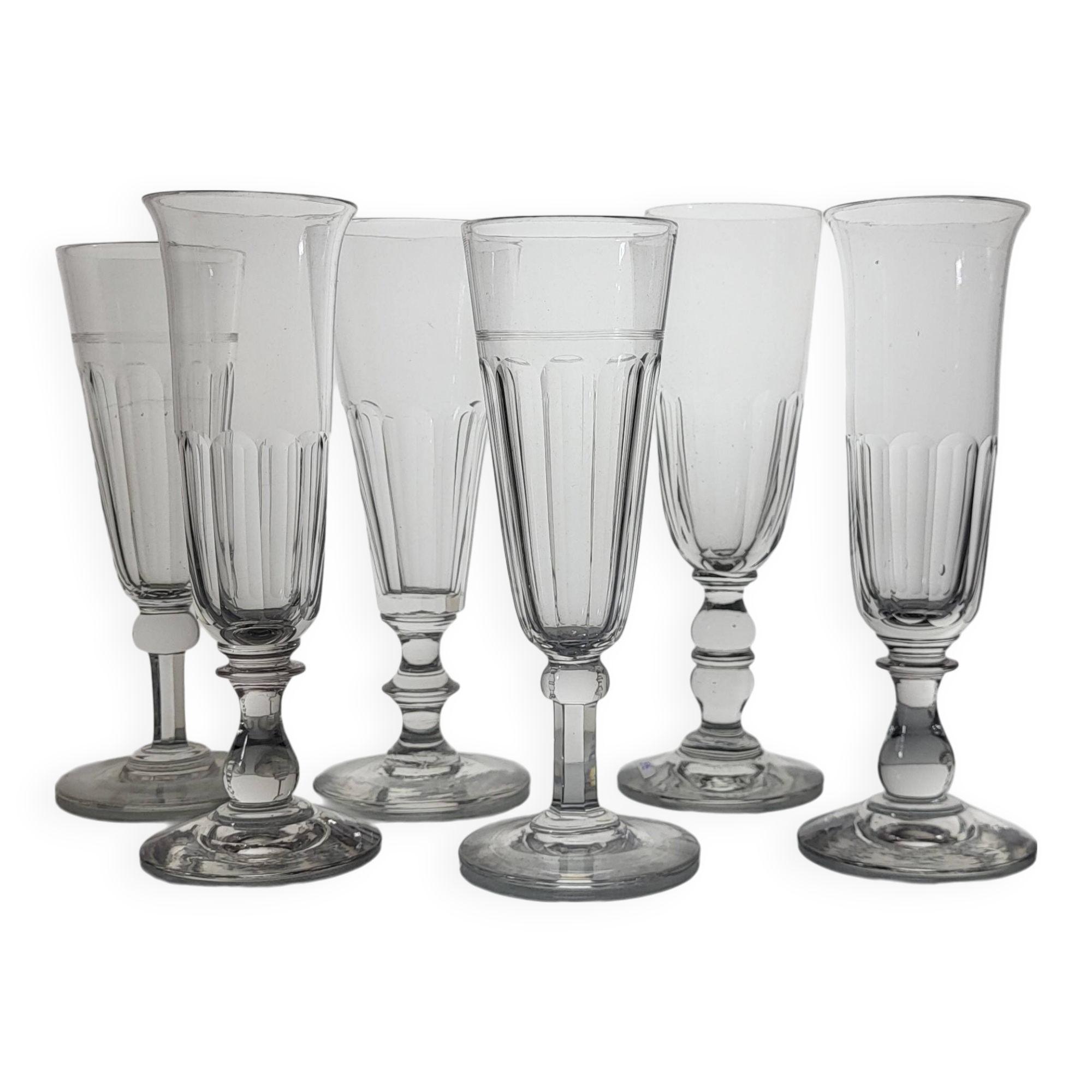 6 19th century champagne flutes / mismatched