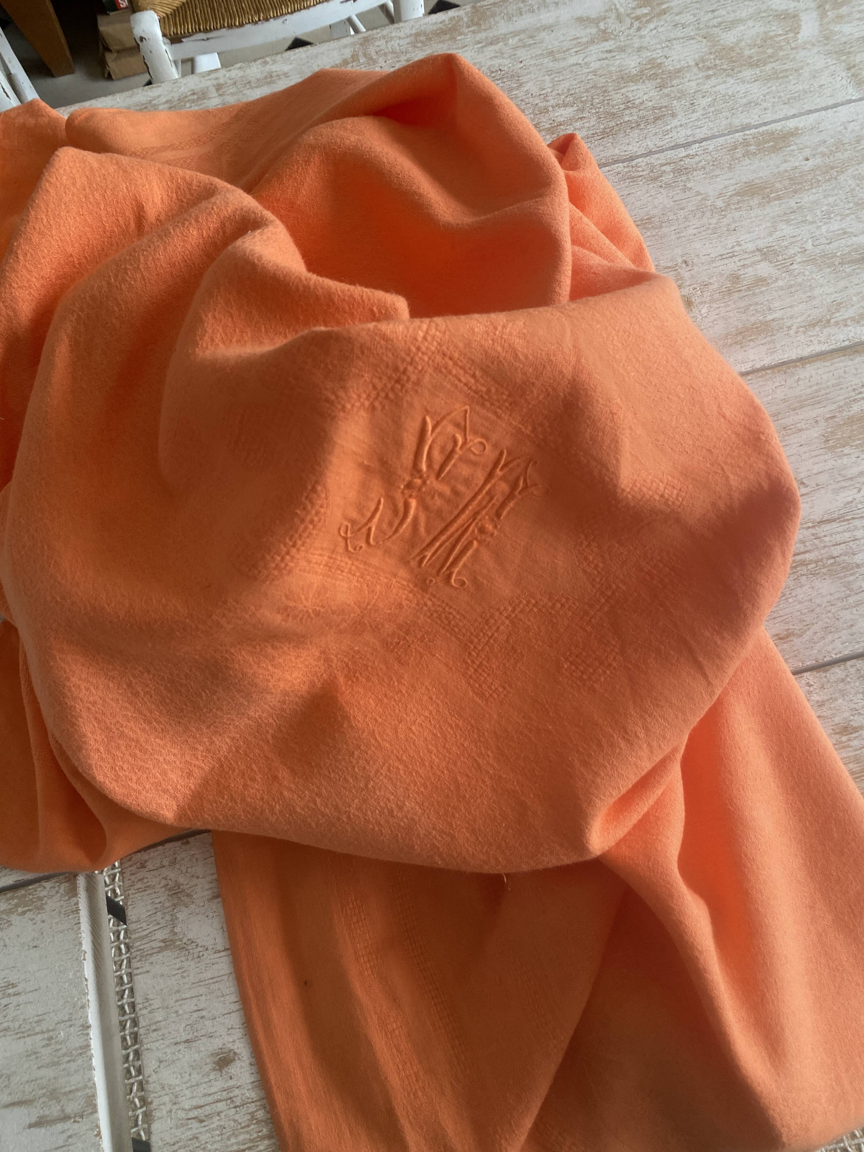 Antique dyed damask tablecloth, monogrammed SW or MS - cotton - 225x145 cm