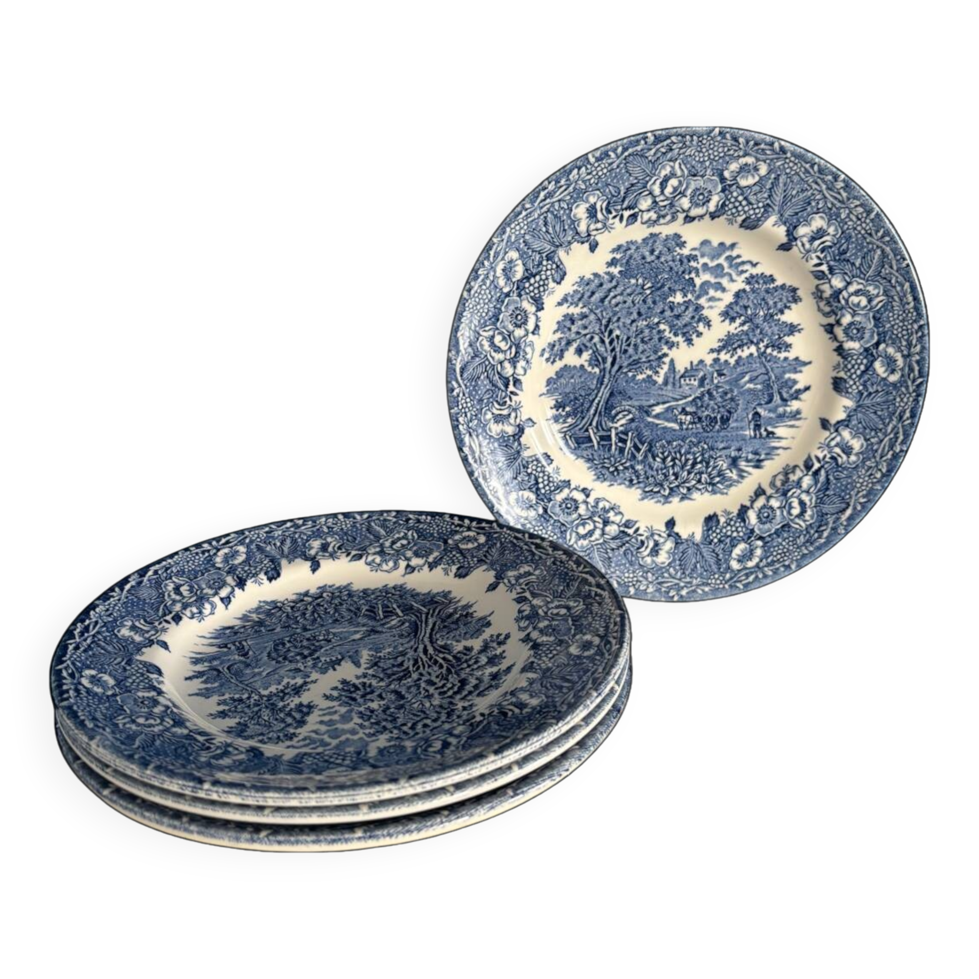 Set of 4 vintage English porcelain dessert plates with blue cha decor