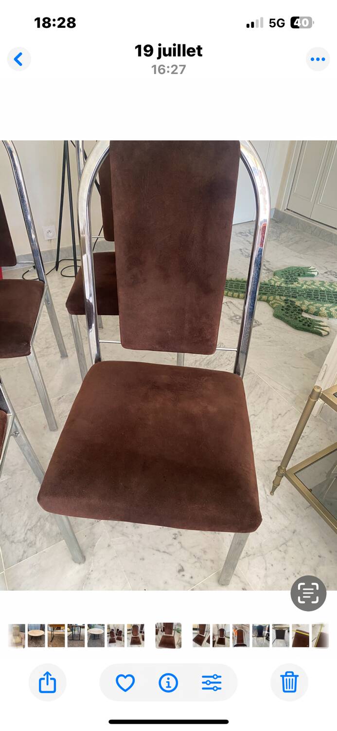 Quatre chaises chrome et velours ras marron design 70