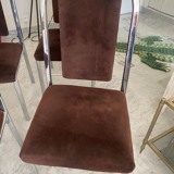 Quatre chaises chrome et velours ras marron design 70