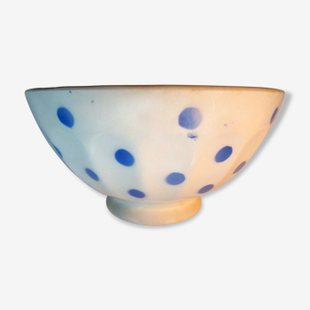 Old ribbed bowl on unsigned Art Deco pedestal, light blue polka dot decoration