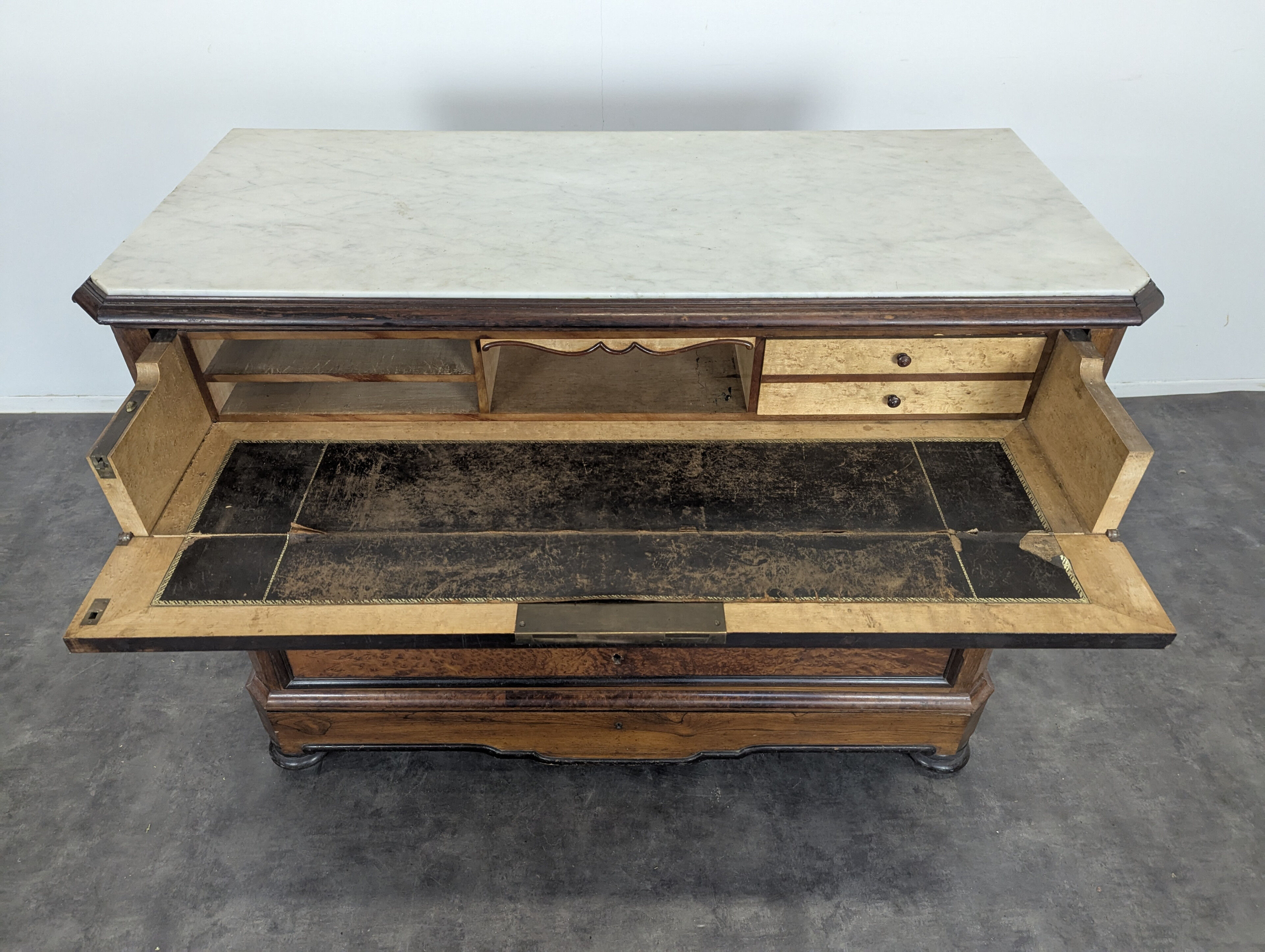 Elm burl and rosewood secretary chest of drawers