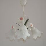 Vintage 3-light chandelier in pink and white metal and glass shaped like flowers, France.