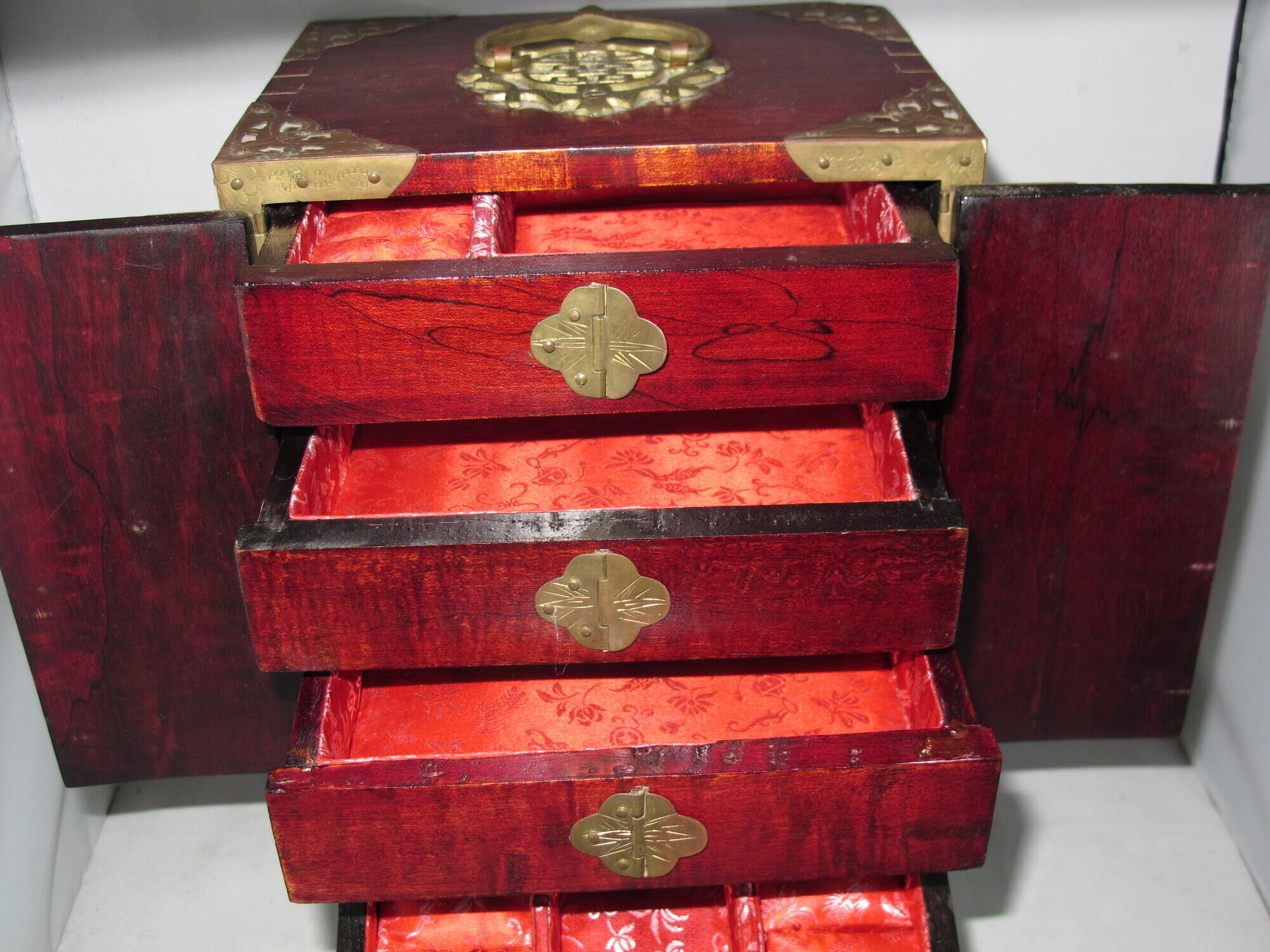 Very large Chinese wooden jewelry box adorned with jade plates