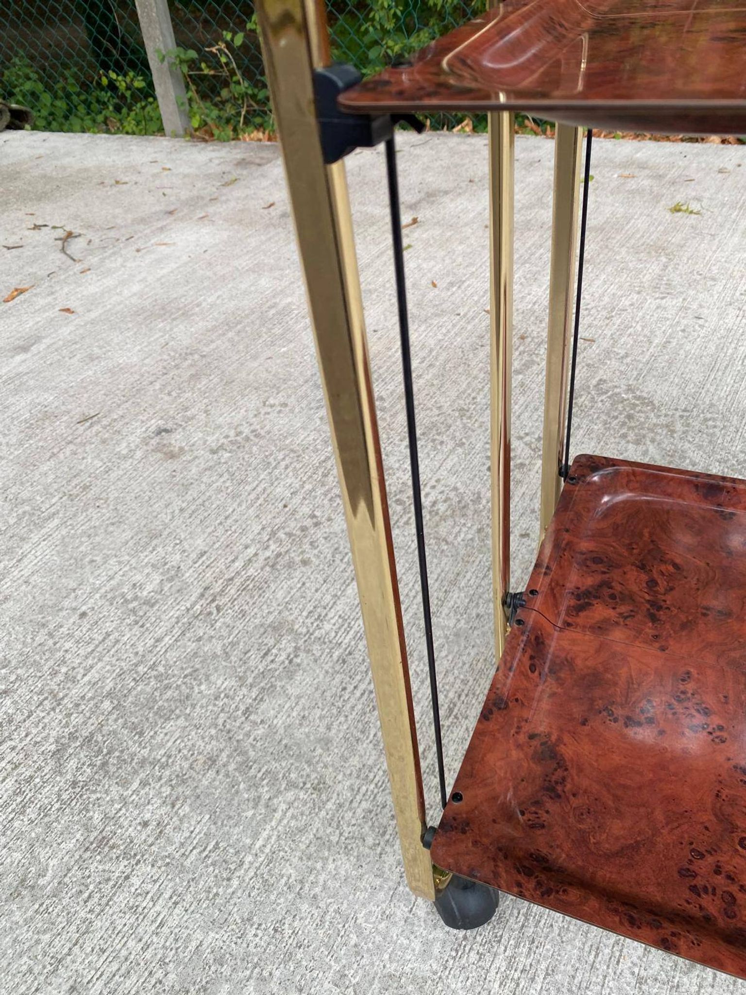 Vintage 70s folding bar table, brass with wood burl effect, Dinet style.