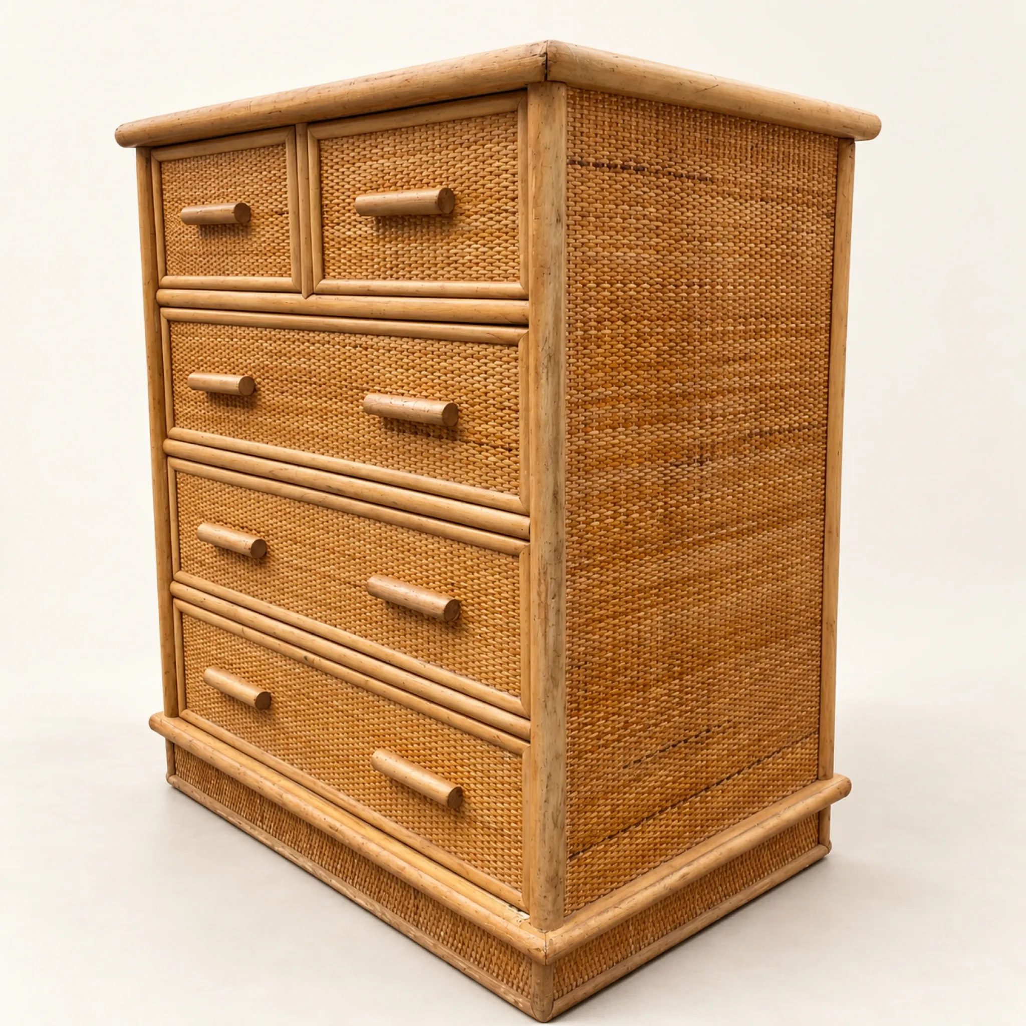 Vintage woven rattan commode with five drawers – bohemian style