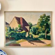 Peinture à l'huile sur toile "Maison et verdure" n°55