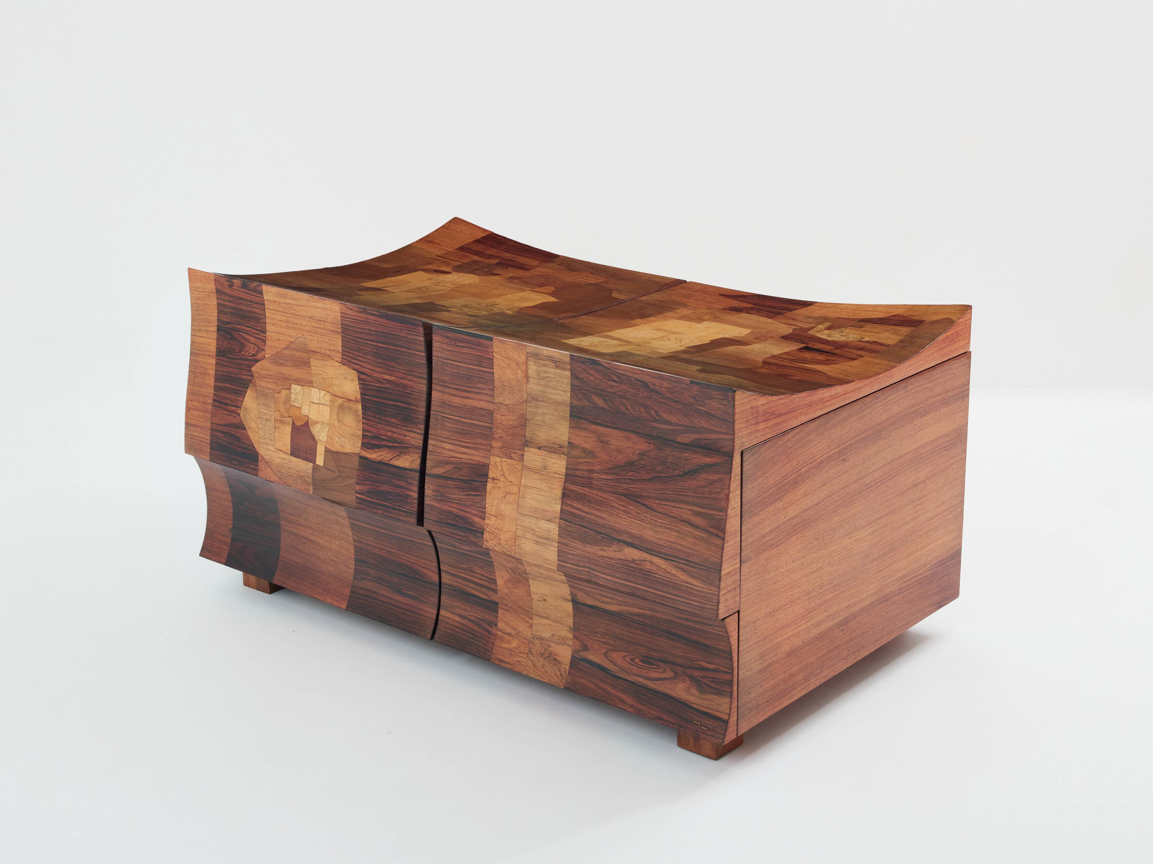 Bar chest in wood and brass marquetry signed Michel Lefèvre 1960