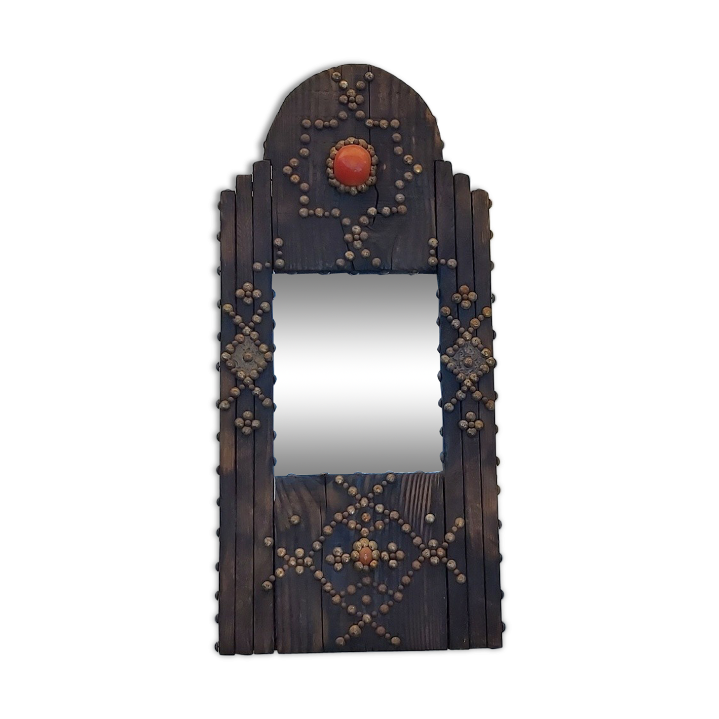 Ancient brutalist oriental wooden mirror 23x53cm