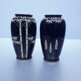 Pair of small vases decorated with Bamboo on a blue background