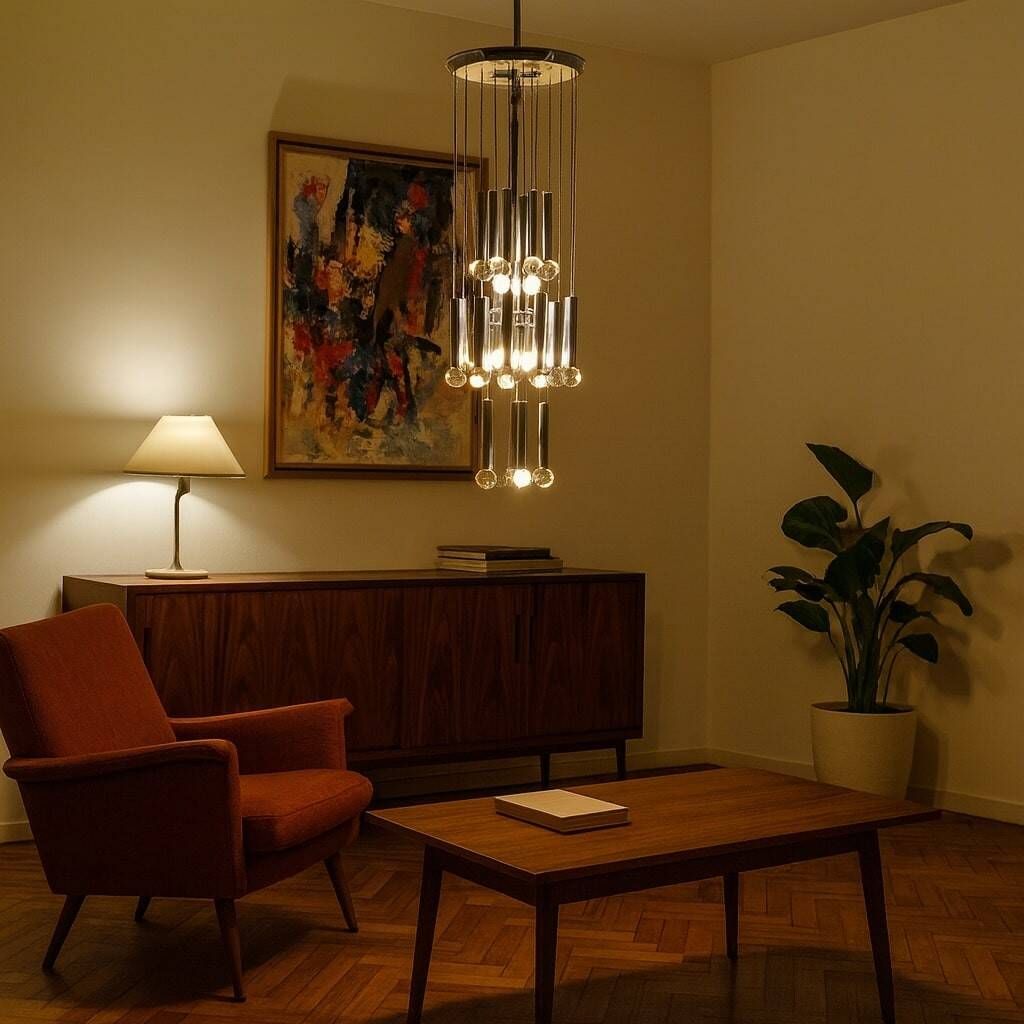 Vintage Italian chandelier, chrome-plated metal and glass design, original