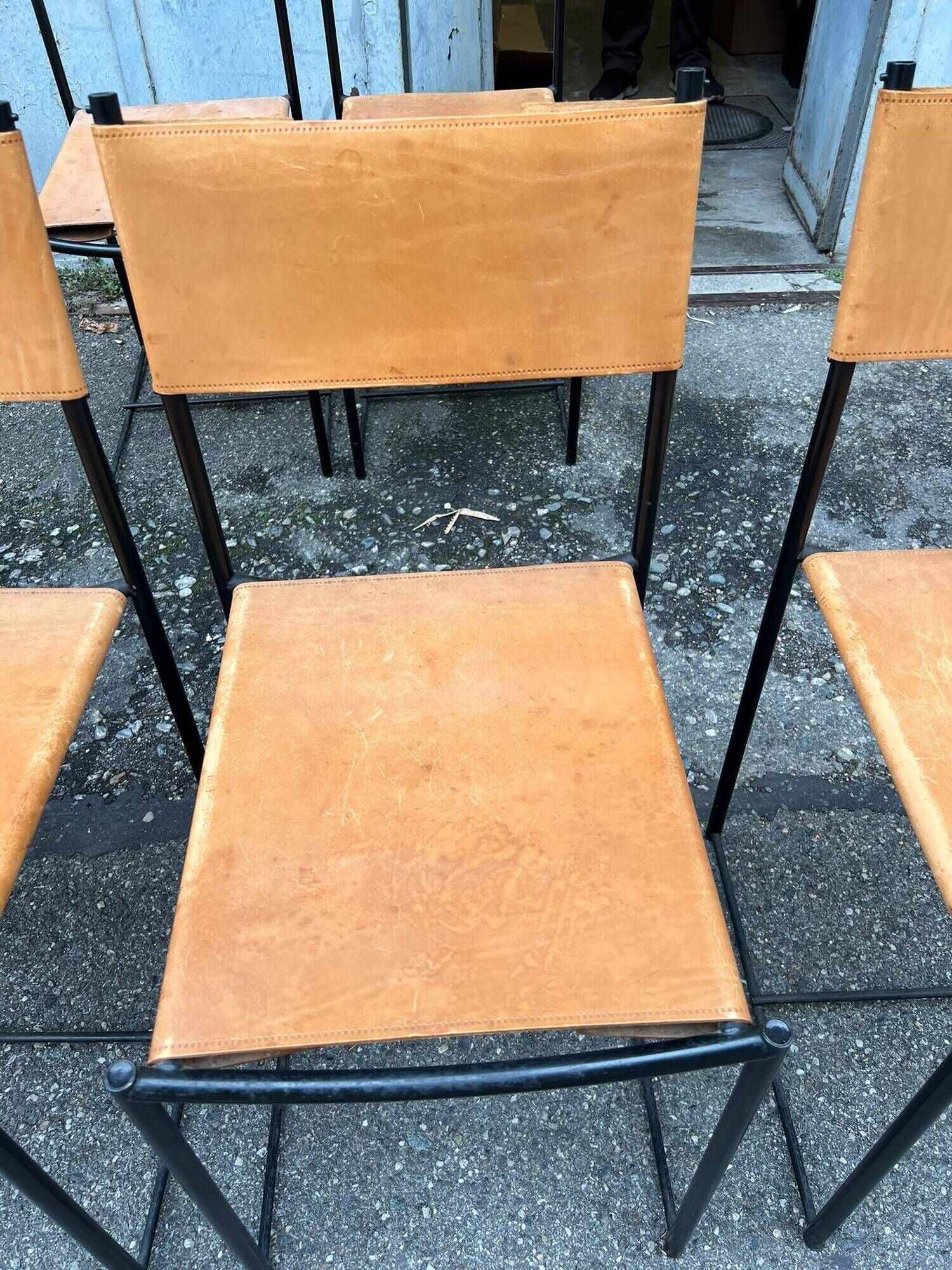 6 black metal and leather chairs by Giandomenico Belotti for Alias, Italy, 1979