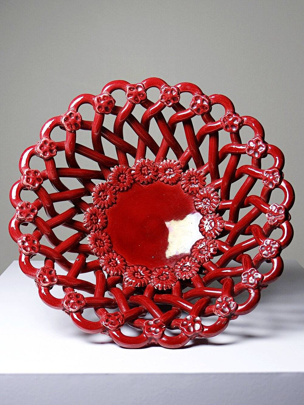 Small vintage 1970s-90s openwork braided red ceramic bowl by Pichon Uzès