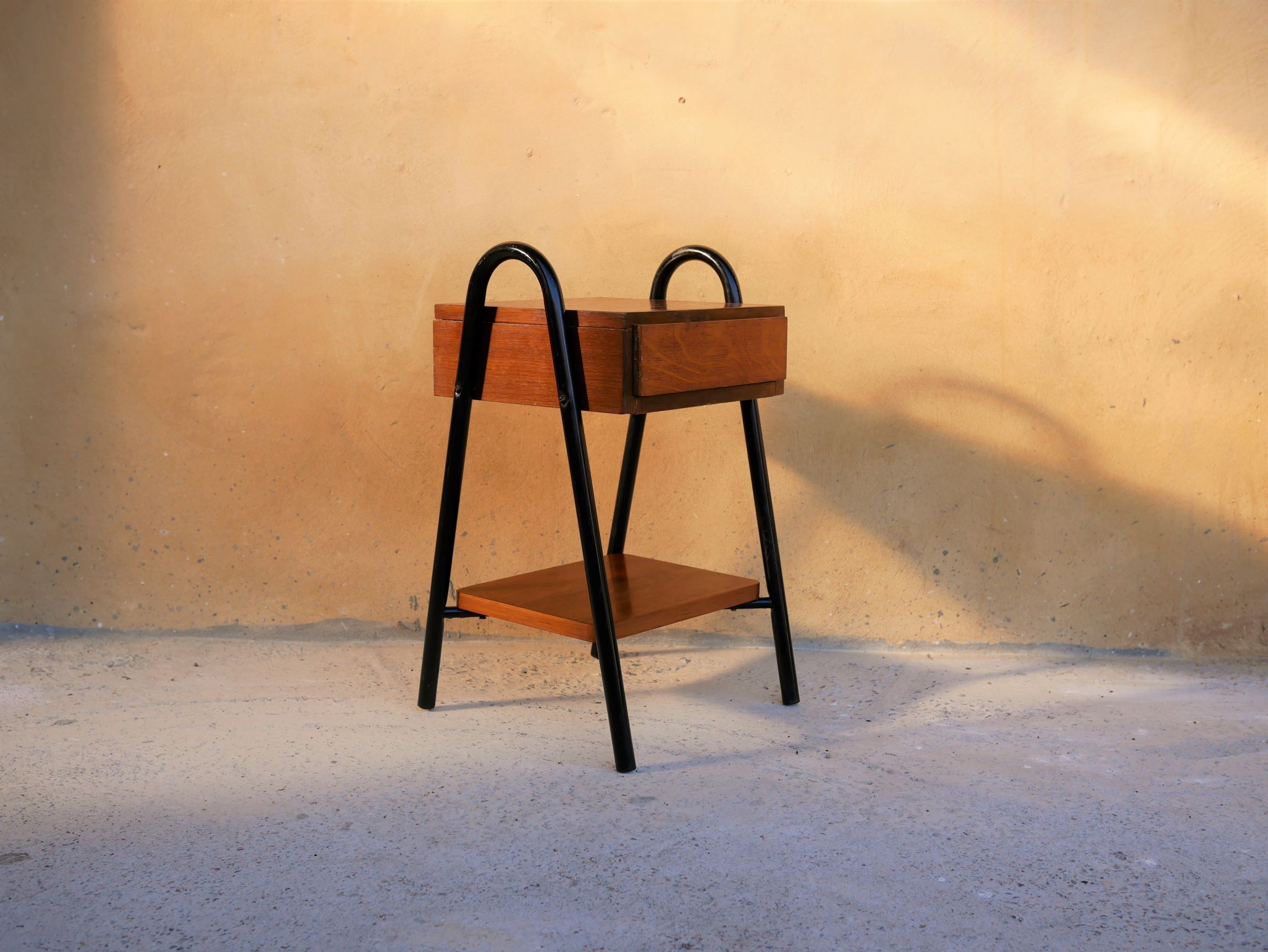 Vintage wooden and metal bedside table