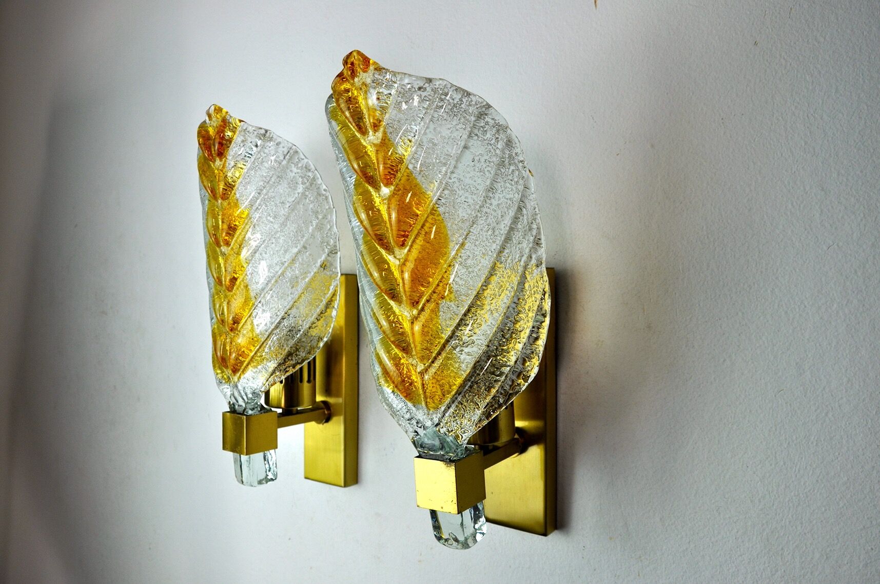 Pair of "leaf" wall lamps by Carl Fagerlund, orange Murano glass, Germany, 1970