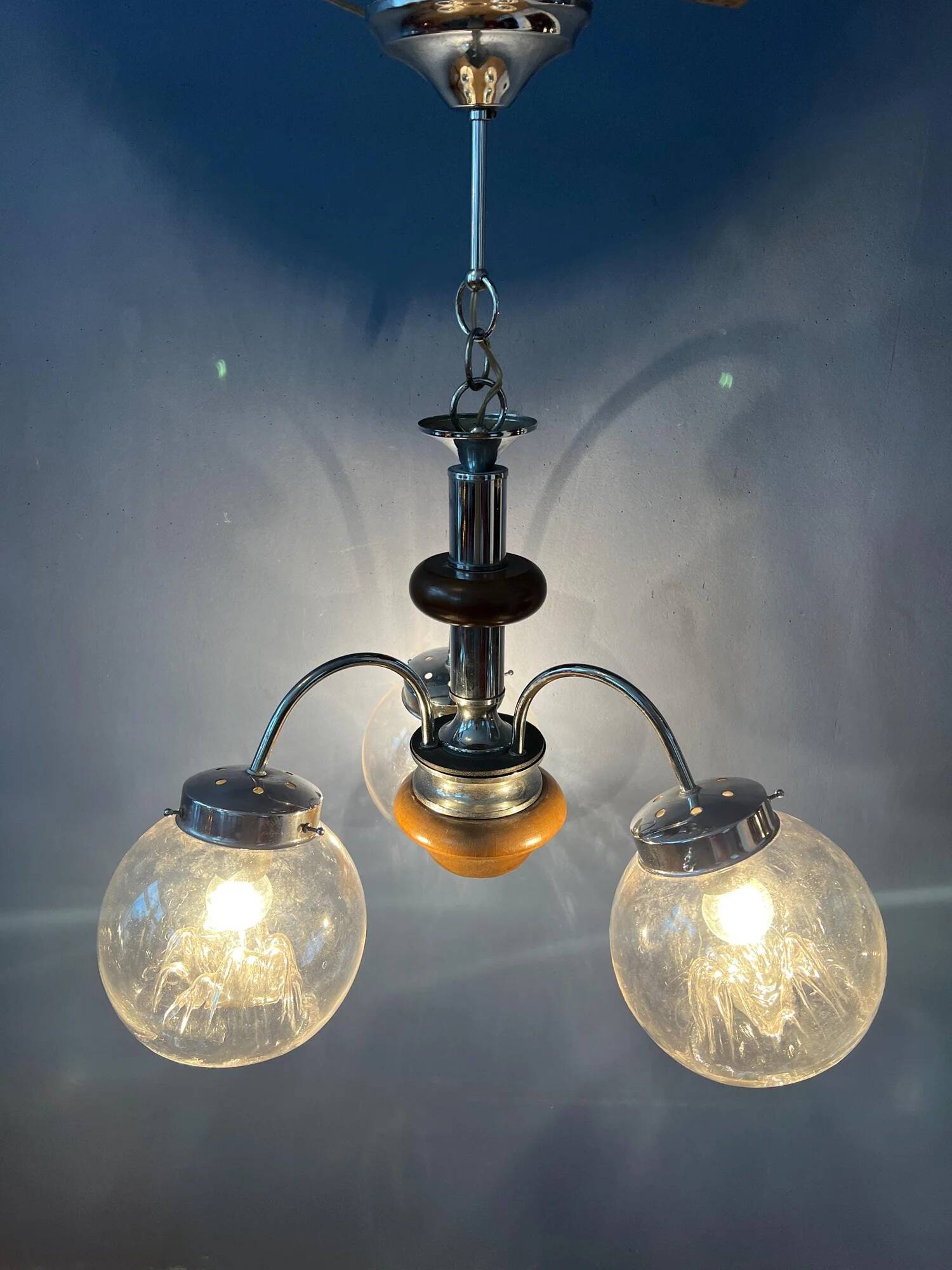 Vintage clear glass Murano chandelier with chrome frame