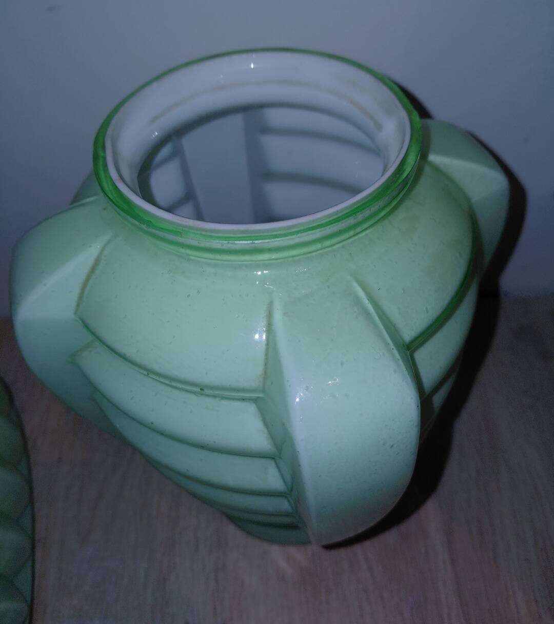 Set of two Art Deco uranium opaline skyscraper vases.