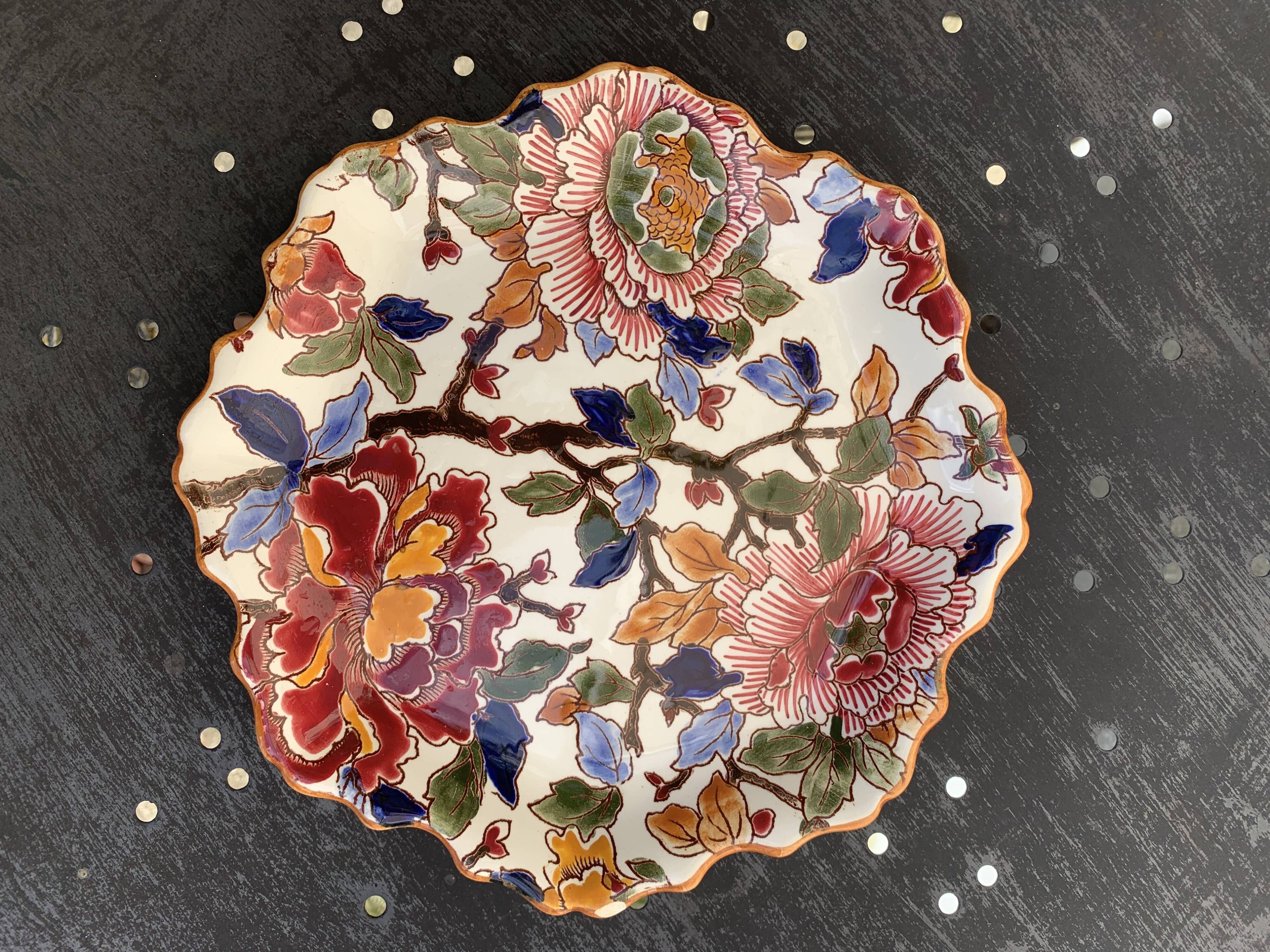 Collection plate gien france peonies, hand painted, vintage
