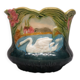 Cache-pot ancien barbotine décor aux cygnes pot à fleurs art nouveau