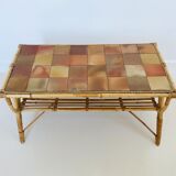 Rattan coffee table and ceramic tiles, France 60s
