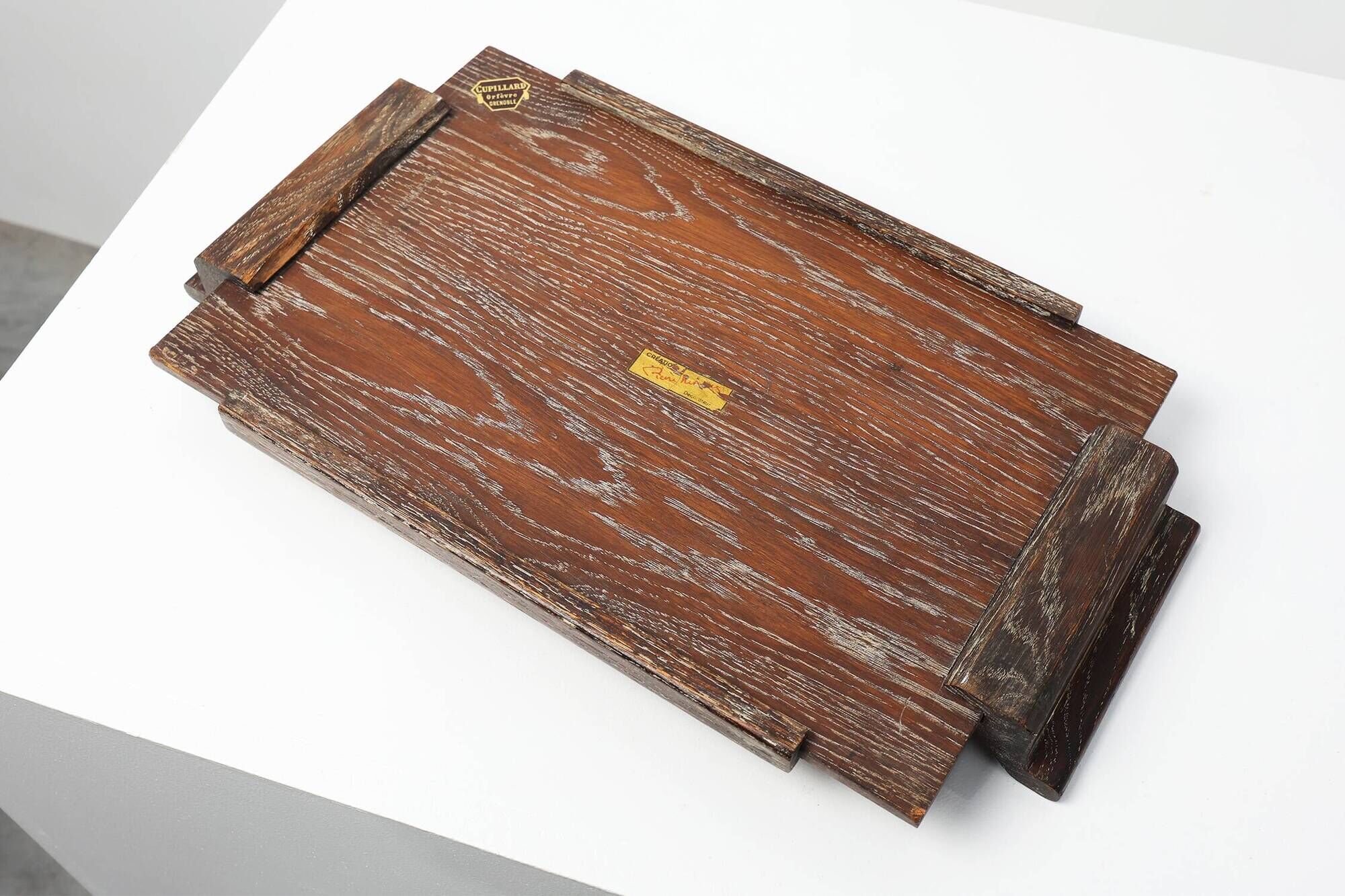 French Art Deco Cerused Oak Serving Tray with Raised Handles, 1920s
