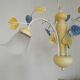 Vintage French 3 Light Chandelier with Blue & Yellow Leaf Glass Shades 5064