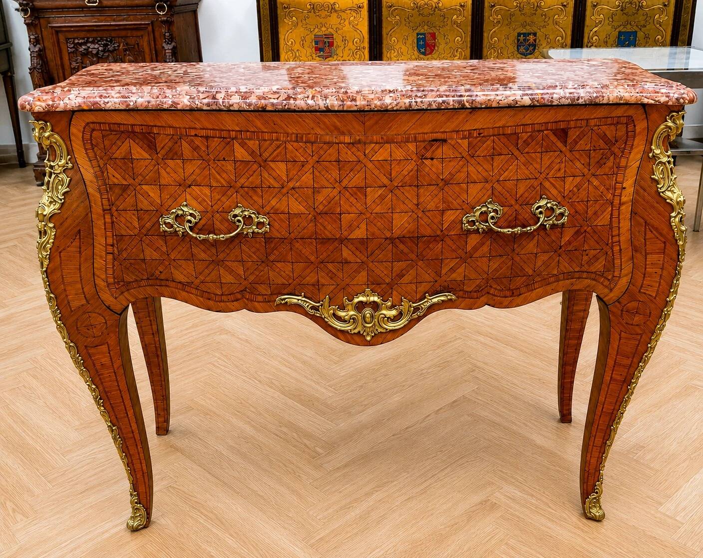 Very rare wig chest with a drawer in Louis XV style with marquetry.
