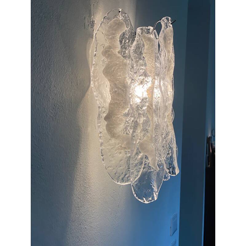 Set of Two Transparent and White “Fiamma” Murano Glass Wall Sconces