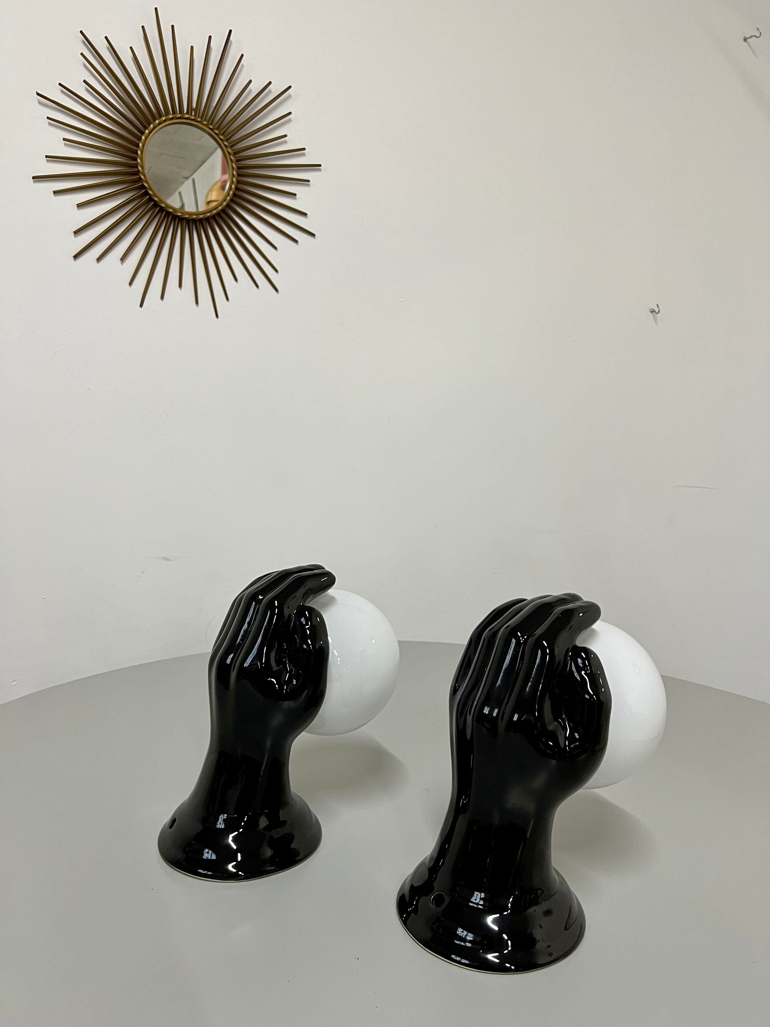 2 black ceramic hand lamps from the 70s / vintage and opaline lamp