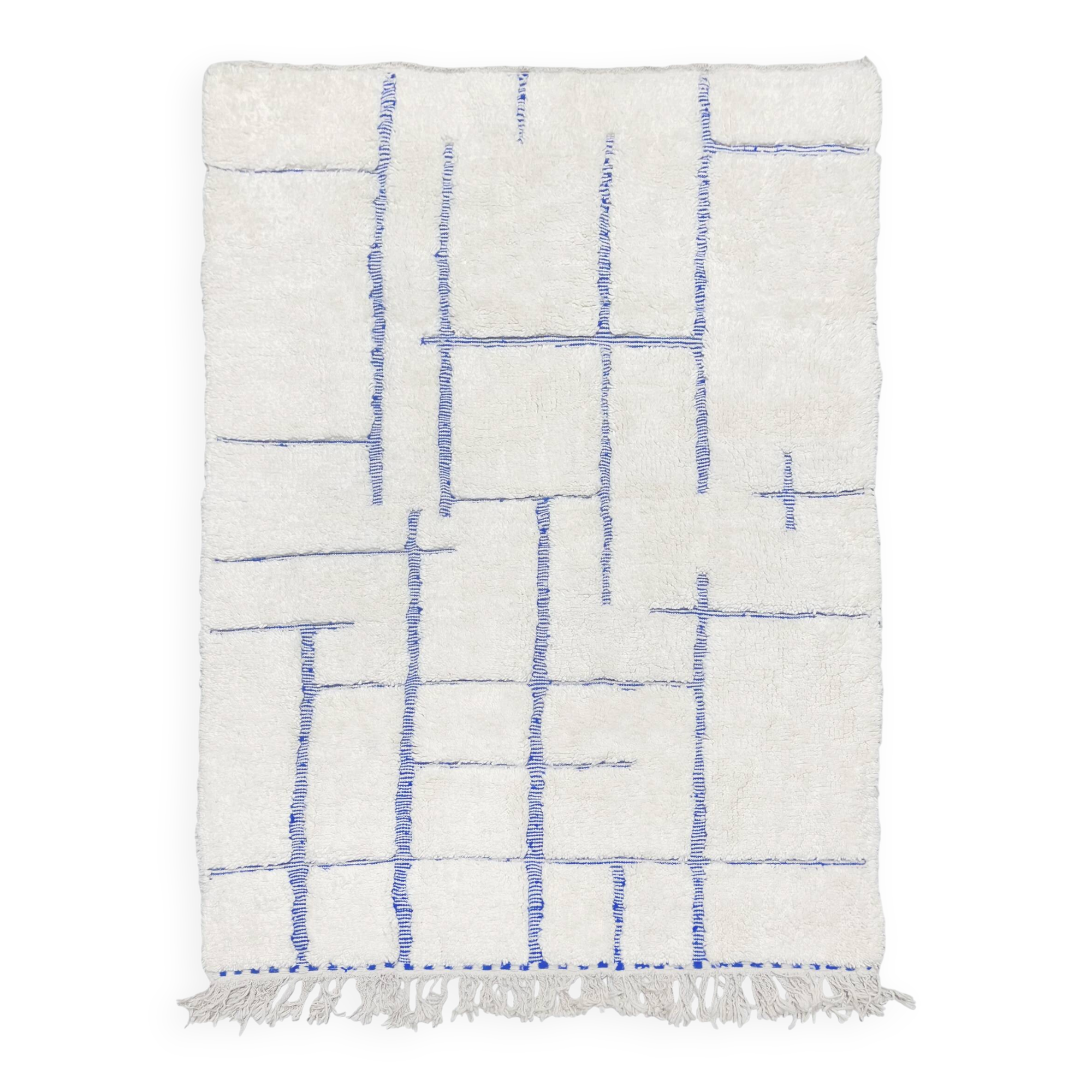 Moroccan Berber Beni Ouarain rug, ecru with blue patterns, 2.40x1.46m