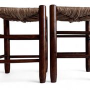 Charlotte Perriand Style, Pair of Rustic Wood and Straw Stools, France, c. 1950s